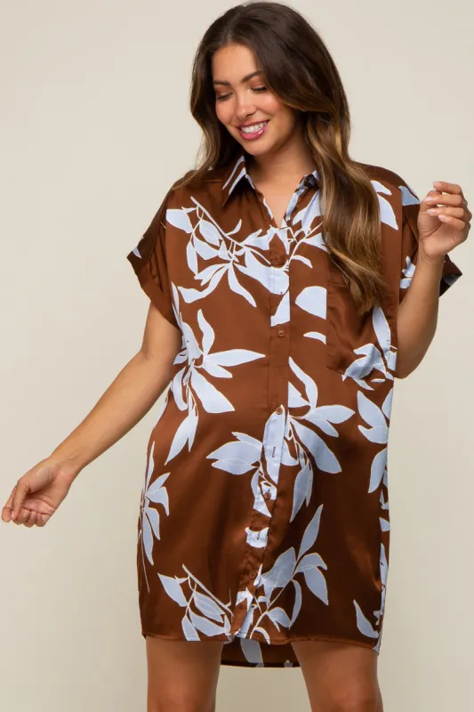 Brown Floral Button Down Maternity Mini Dress sold by Pinkblush