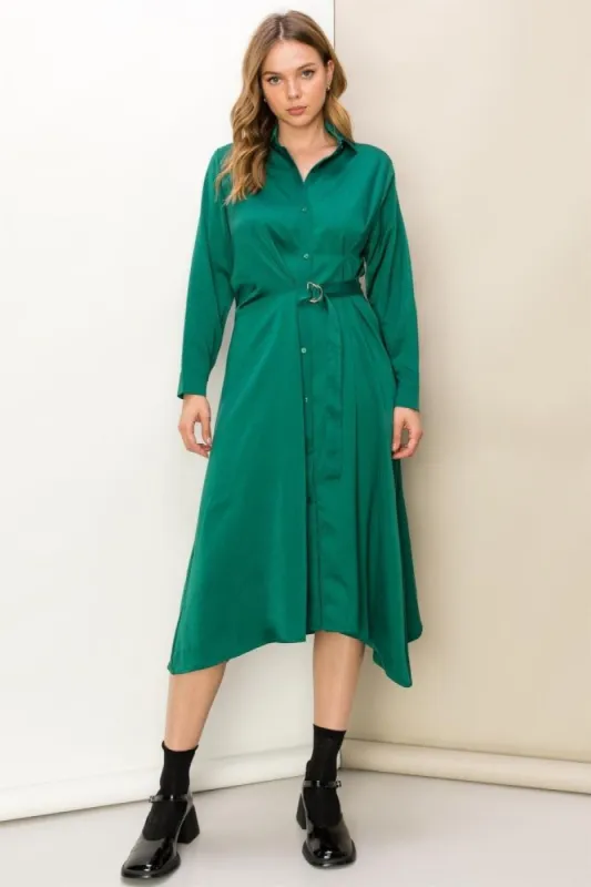 Green Satin Belted Midi Dress sold by Pinkblush