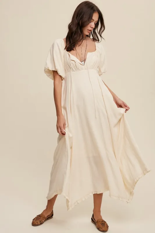 Cream Front Tie Puff Sleeve Maxi Dress sold by Pinkblush