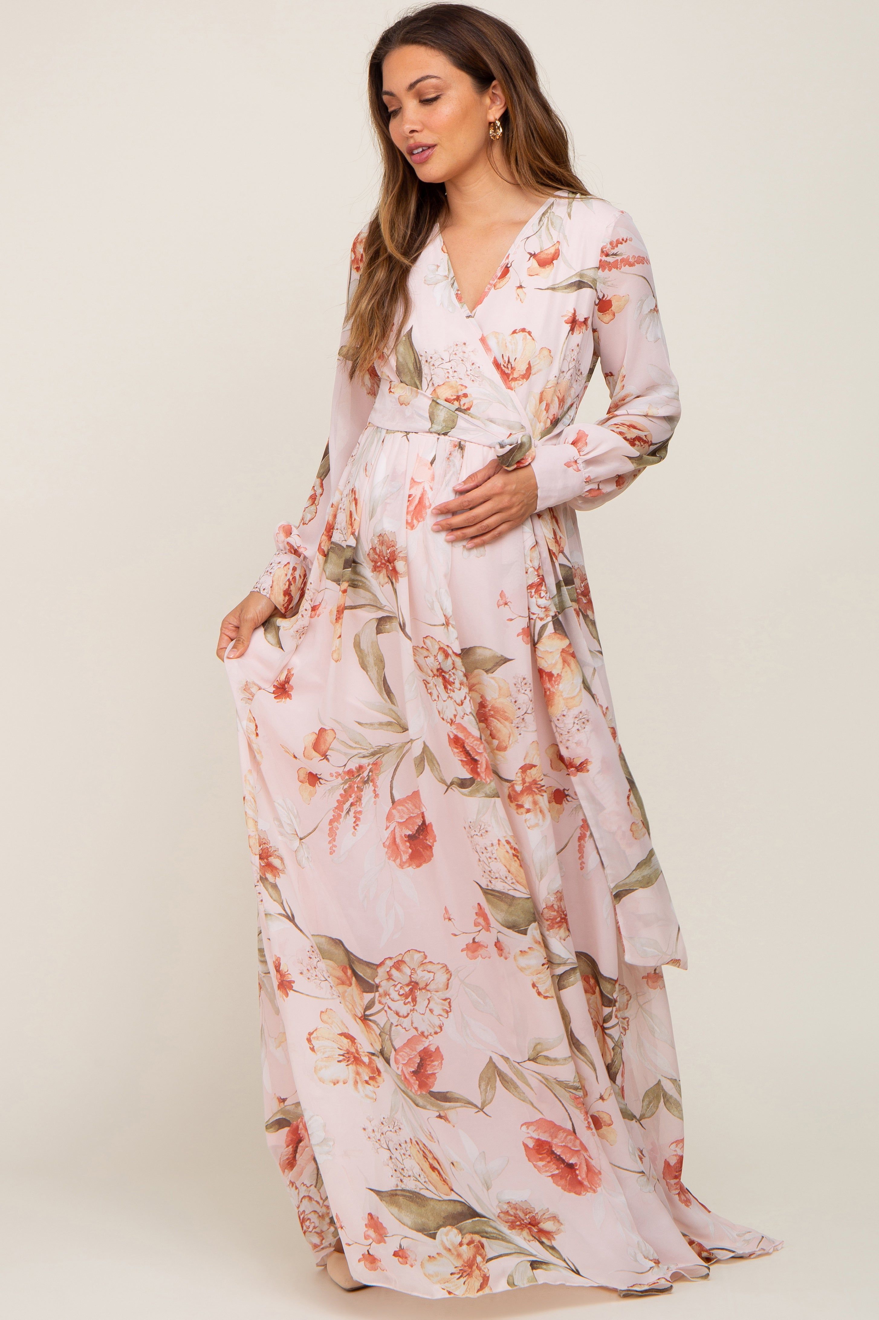 Light Pink Floral Chiffon Long Sleeve Maternity Maxi Dress sold by Pinkblush