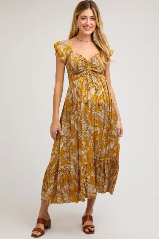 Yellow Tropical Print Smocked Short Sleeve Maternity Maxi Dress sold by Pinkblush