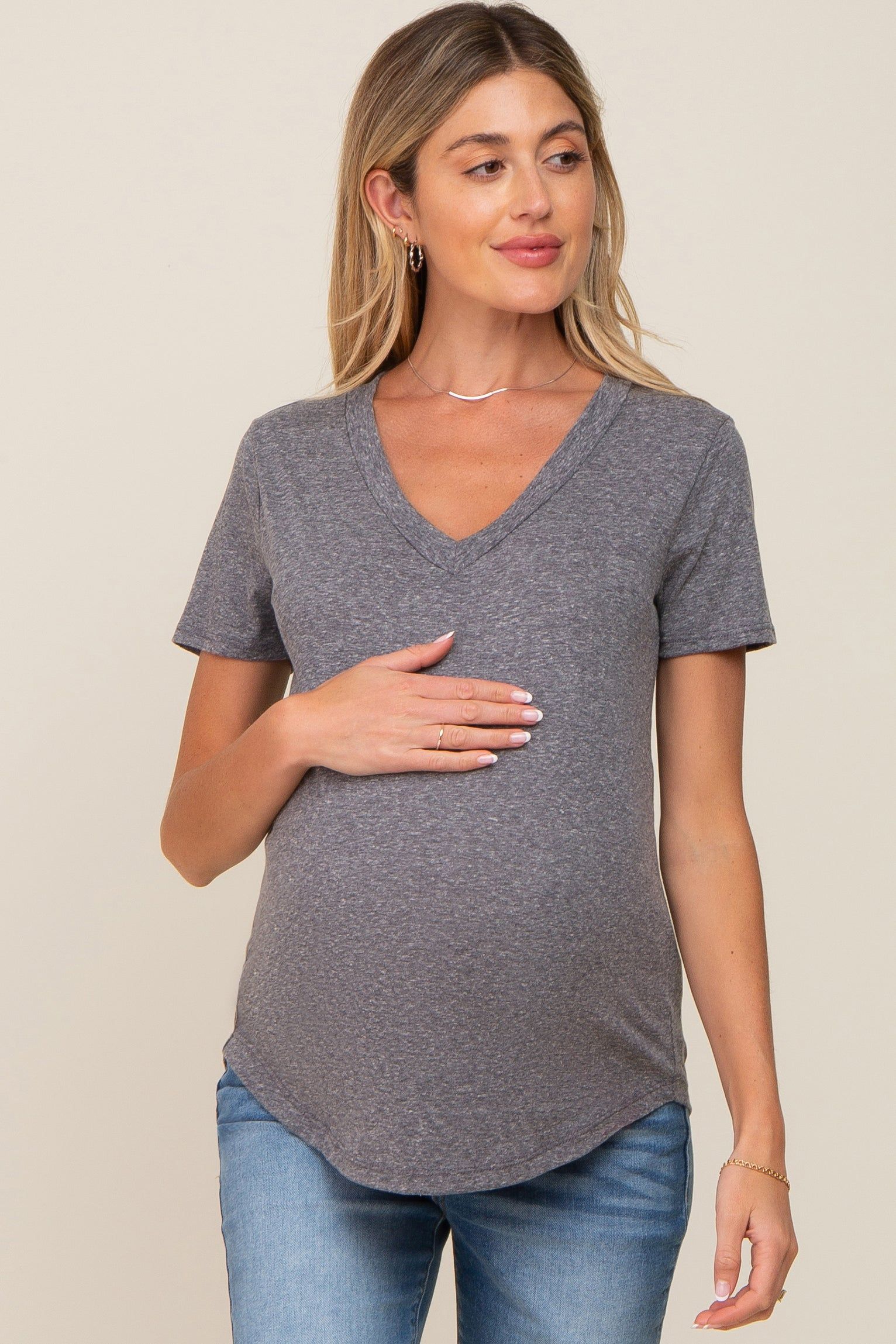 Charcoal V-Neck Short Sleeve Maternity Tee sold by Pinkblush