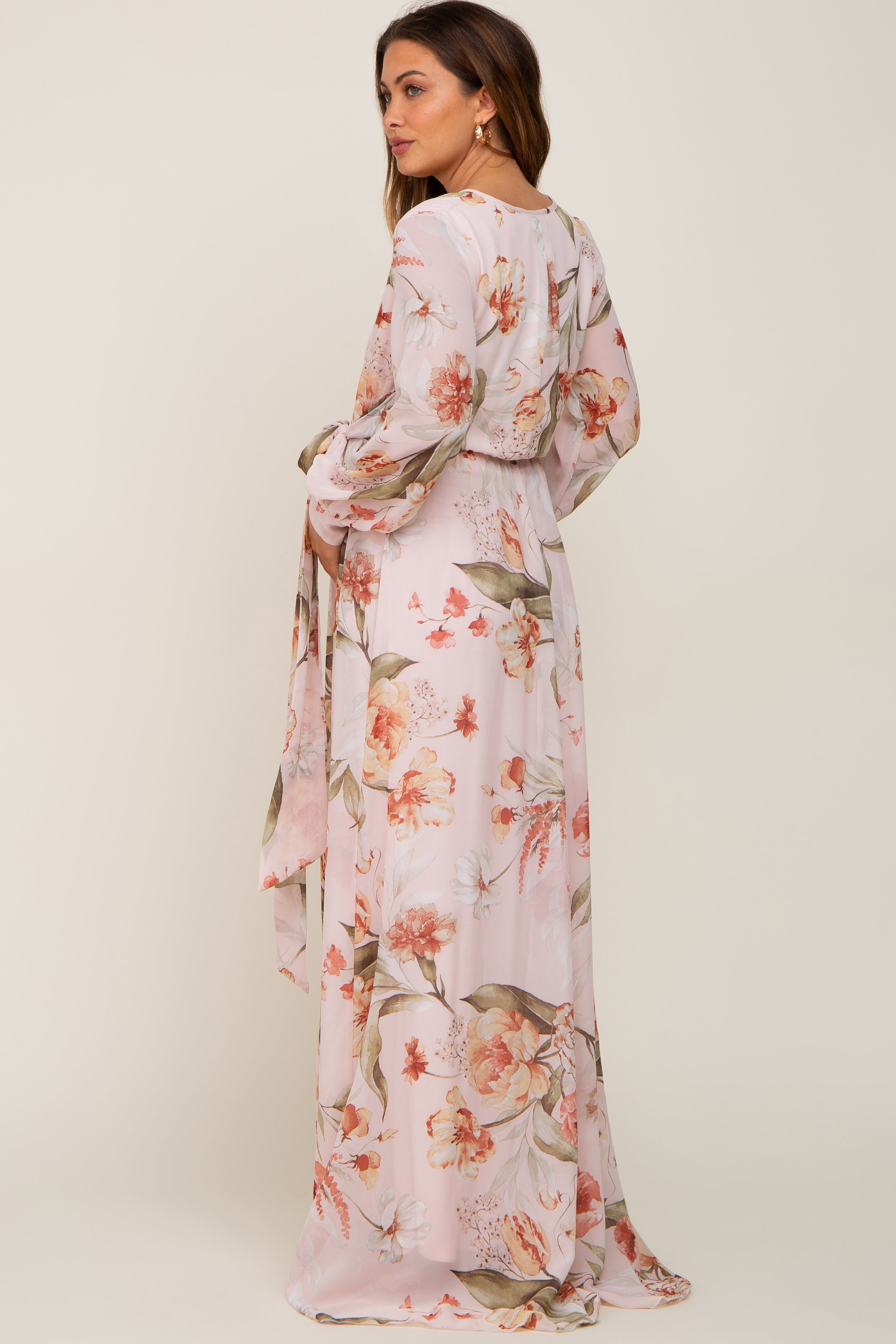 Light Pink Floral Chiffon Long Sleeve Maternity Maxi Dress sold by Pinkblush product image thumbnail 3