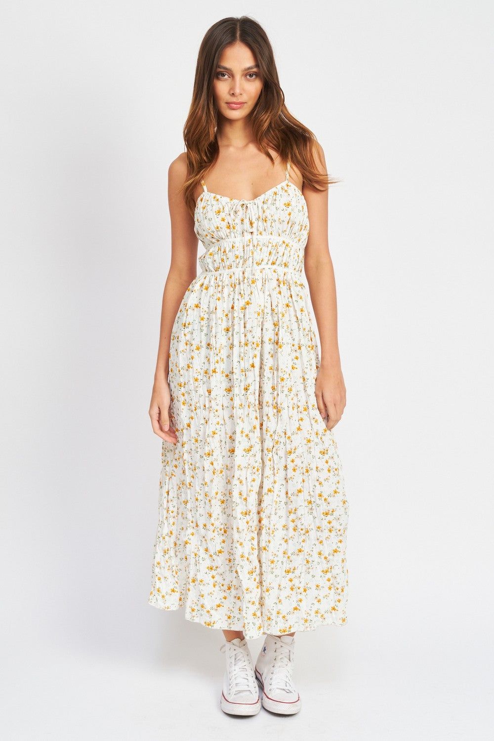 Cream Print Spaghetti Strap Floral Midi Dress sold by Pinkblush