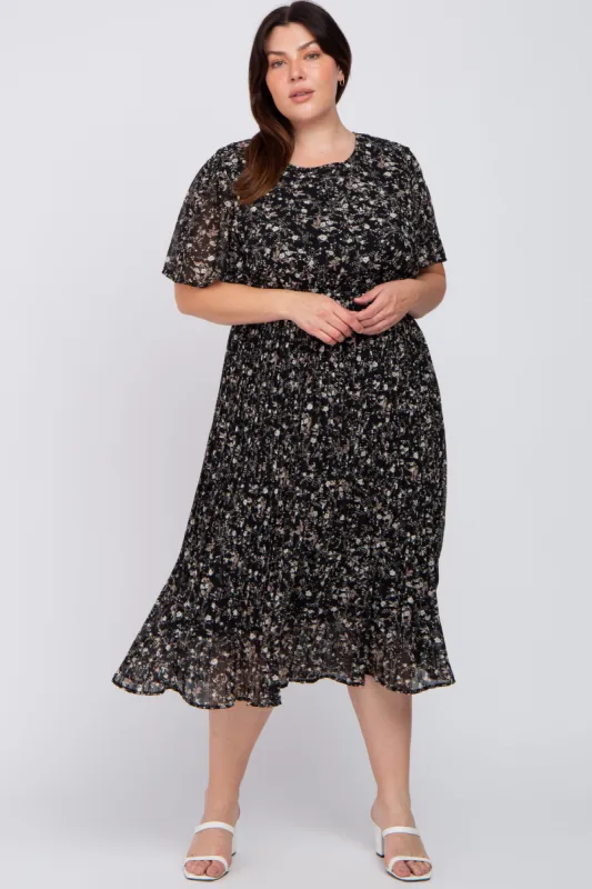 Black Floral Pleated Chiffon Plus Midi Dress sold by Pinkblush
