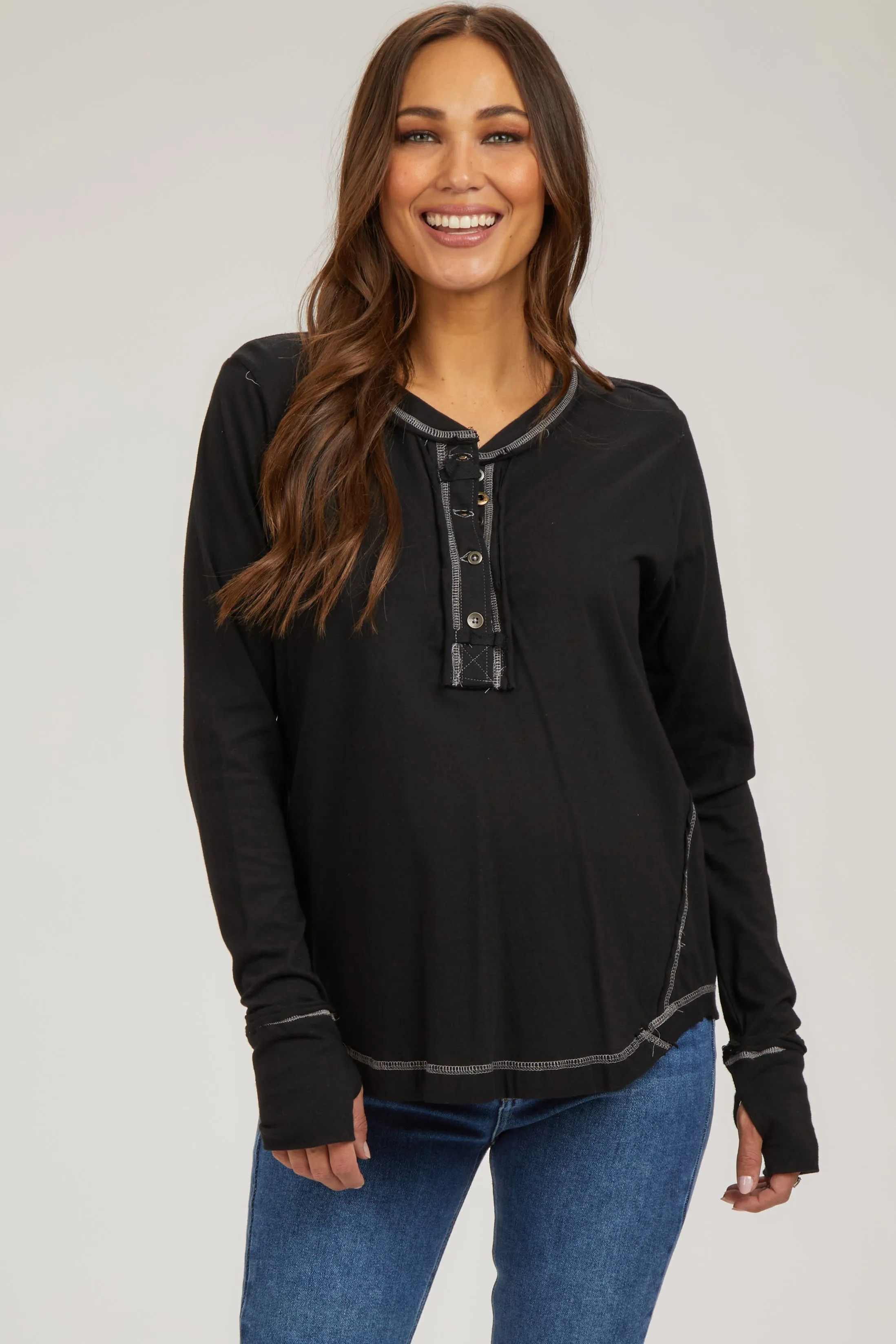 Black Long Sleeve Exposed Seam Maternity Top sold by Pinkblush