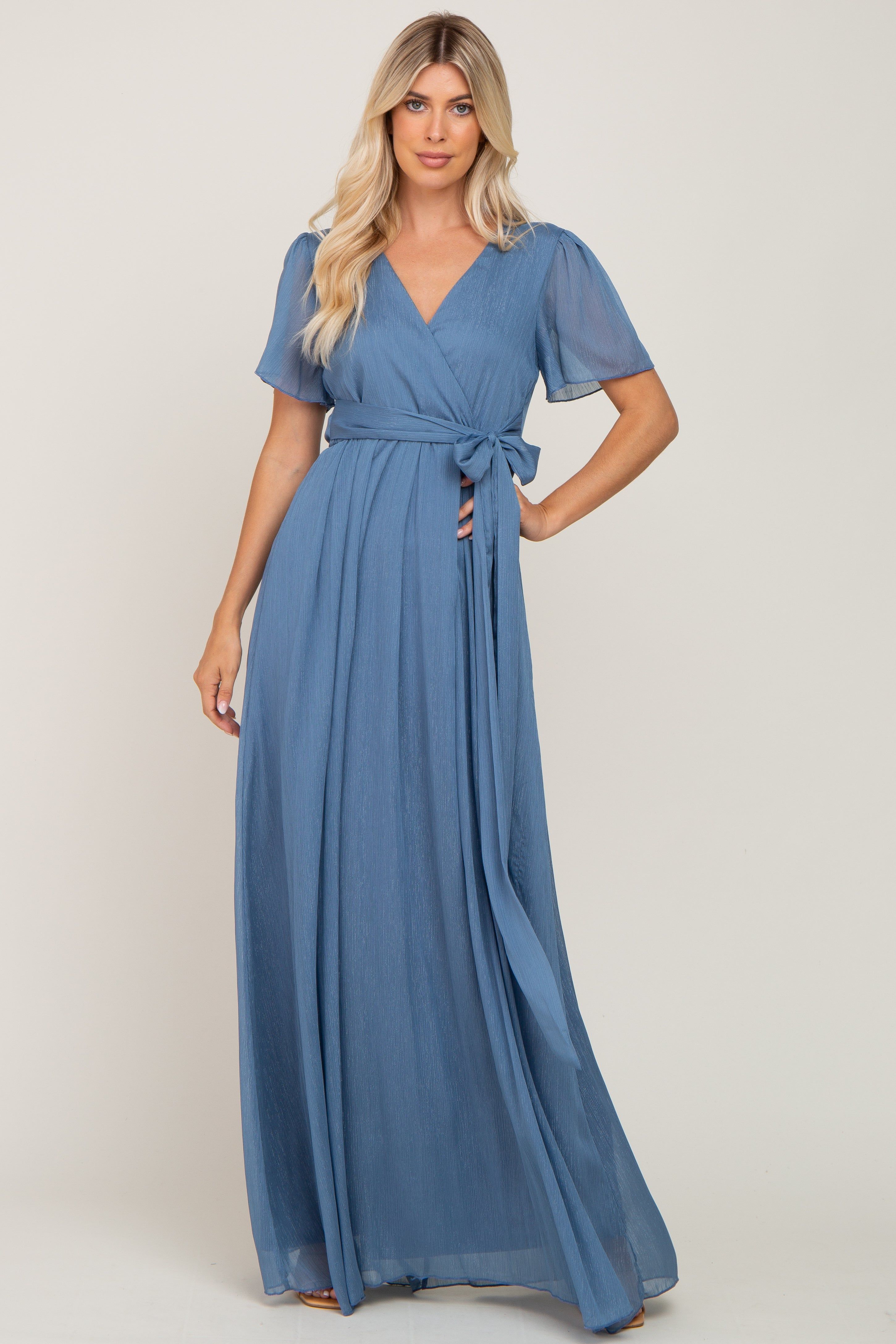 Blue Metallic Shimmer Chiffon Maxi Dress sold by Pinkblush