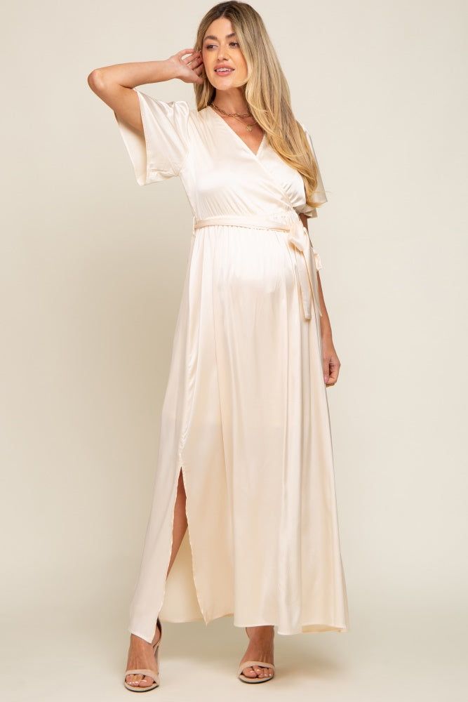 Beige Satin Wrap Maternity/Nursing Dress sold by Pinkblush product image thumbnail 4