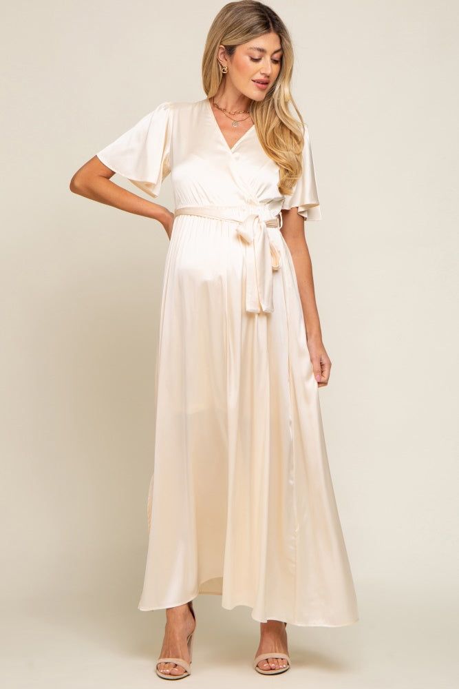Beige Satin Wrap Maternity/Nursing Dress sold by Pinkblush