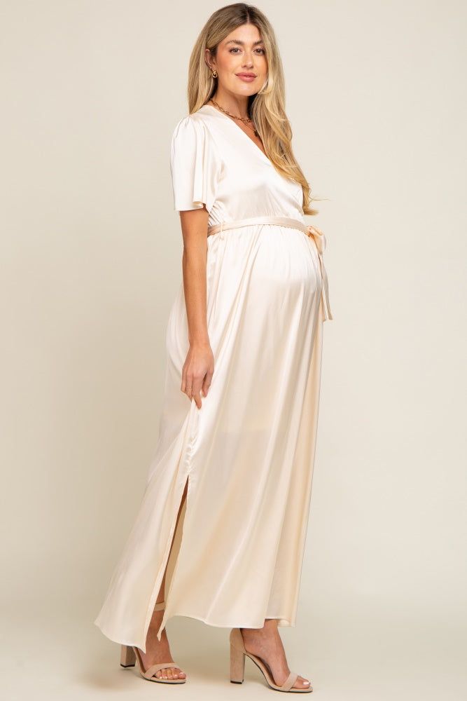Beige Satin Wrap Maternity/Nursing Dress sold by Pinkblush product image thumbnail 2
