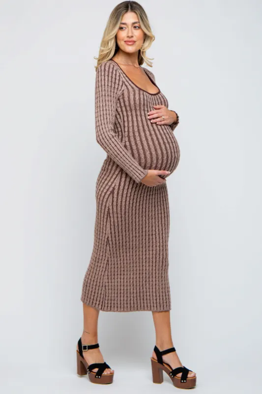Brown Cable Knit Maternity Fitted Midi Dress sold by Pinkblush