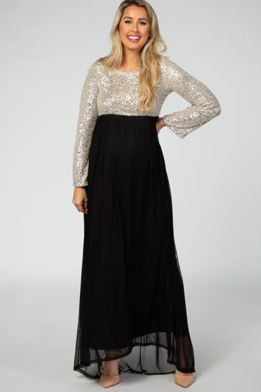 PinkBlush Gold Sequin Bodice Tulle Maternity Maxi Dress made by Pinkblush