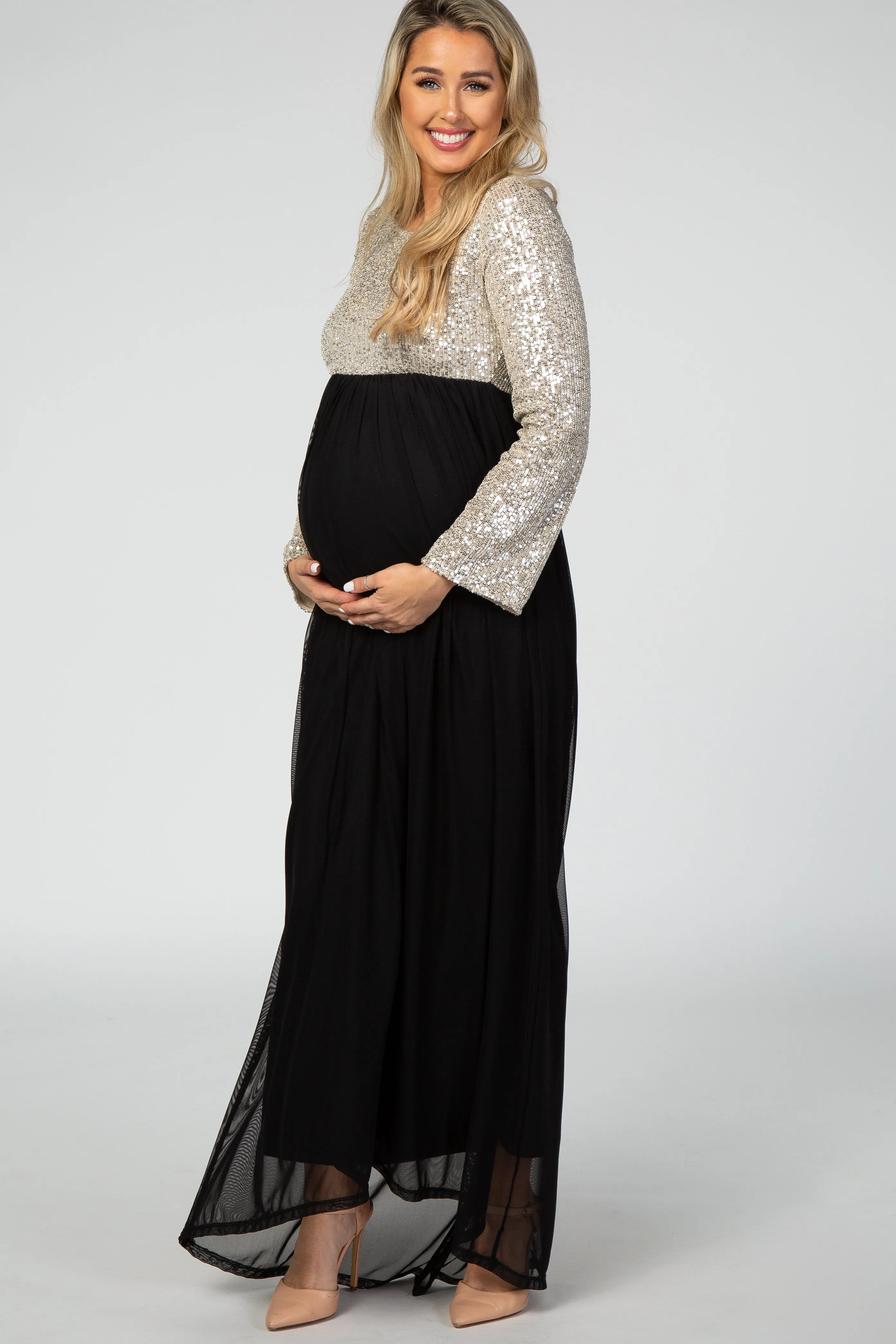 PinkBlush Gold Sequin Bodice Tulle Maternity Maxi Dress sold by Pinkblush product image thumbnail 2