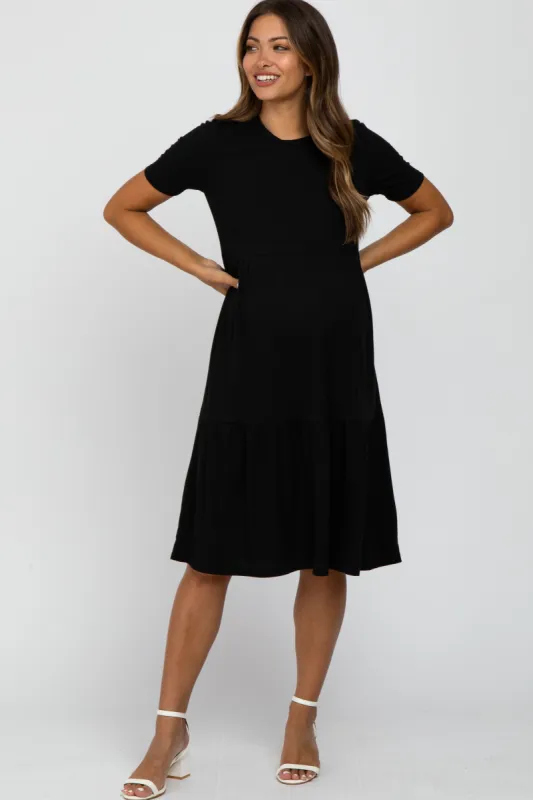 Black Ribbed Tiered Maternity Dress sold by Pinkblush