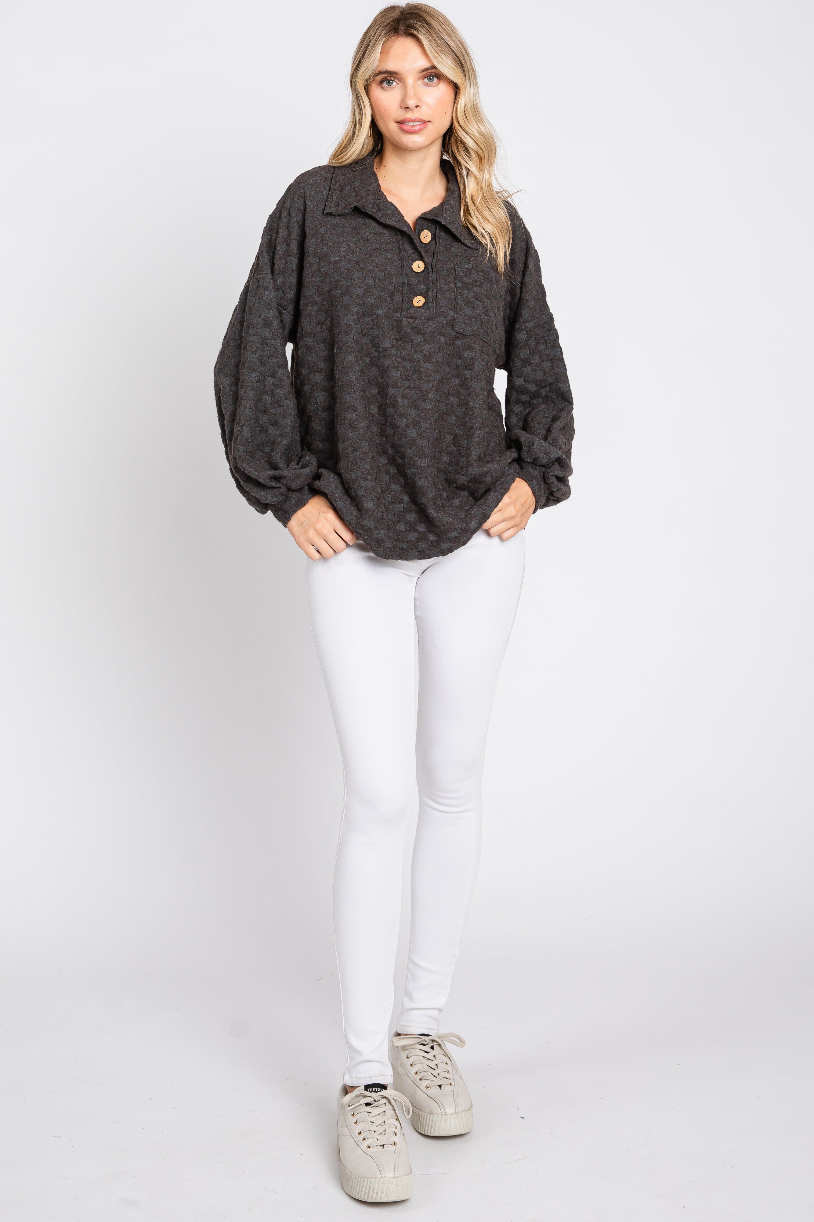 Charcoal Fuzzy Checkered Button Front Top sold by Pinkblush product image thumbnail 4