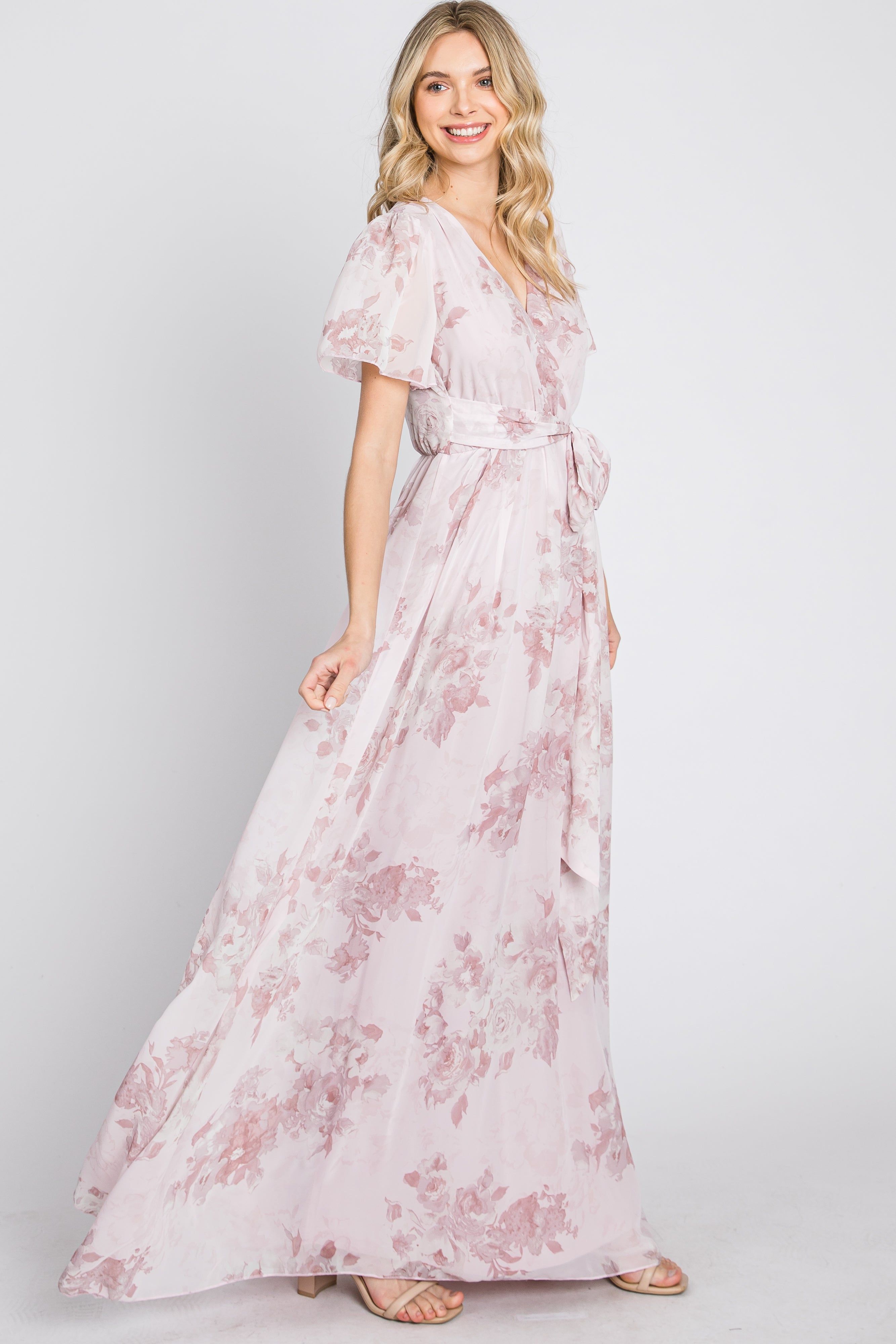 Light Pink Floral Chiffon Wrap Front Short Sleeve Maxi Dress sold by Pinkblush product image thumbnail 5