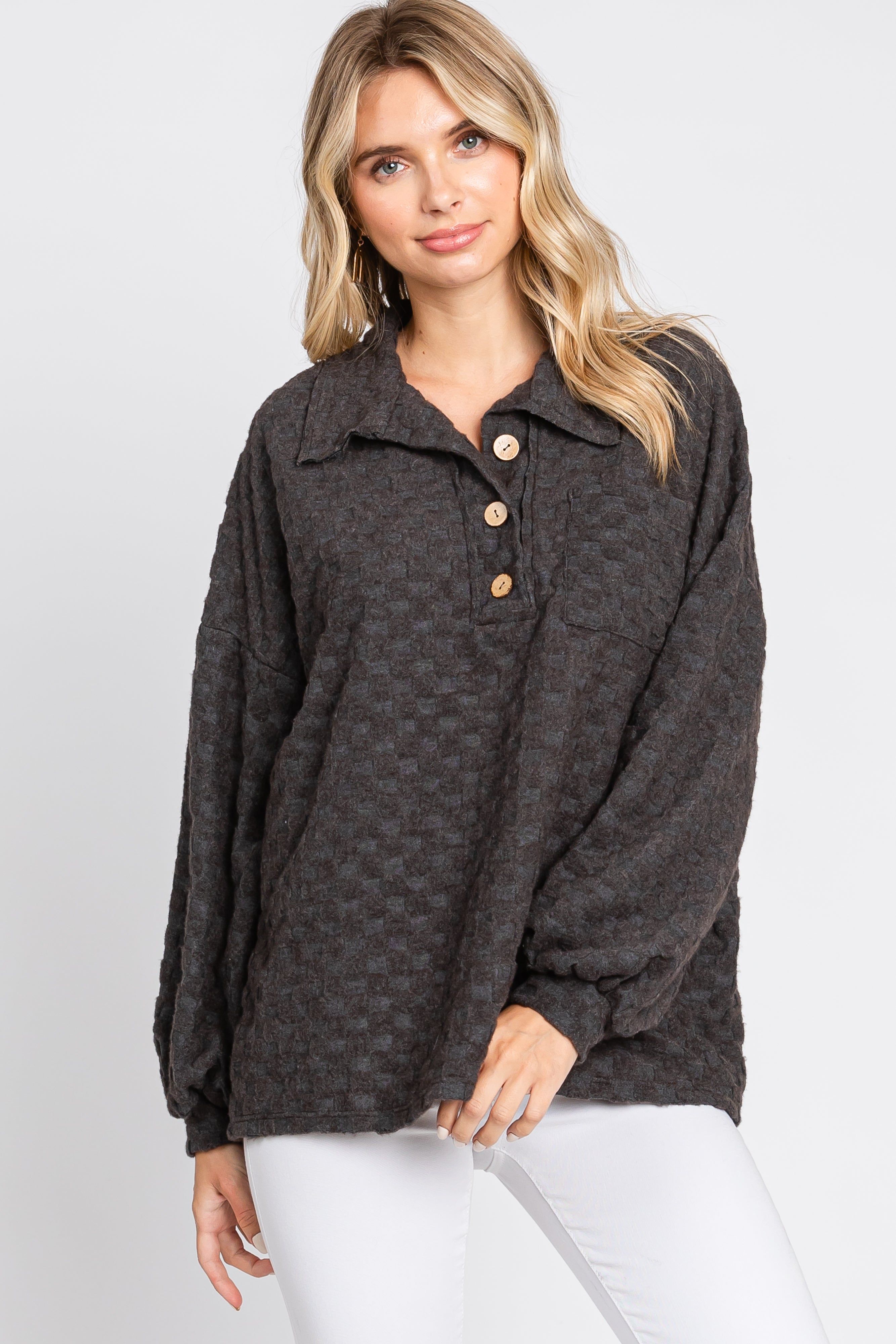 Charcoal Fuzzy Checkered Button Front Top sold by Pinkblush