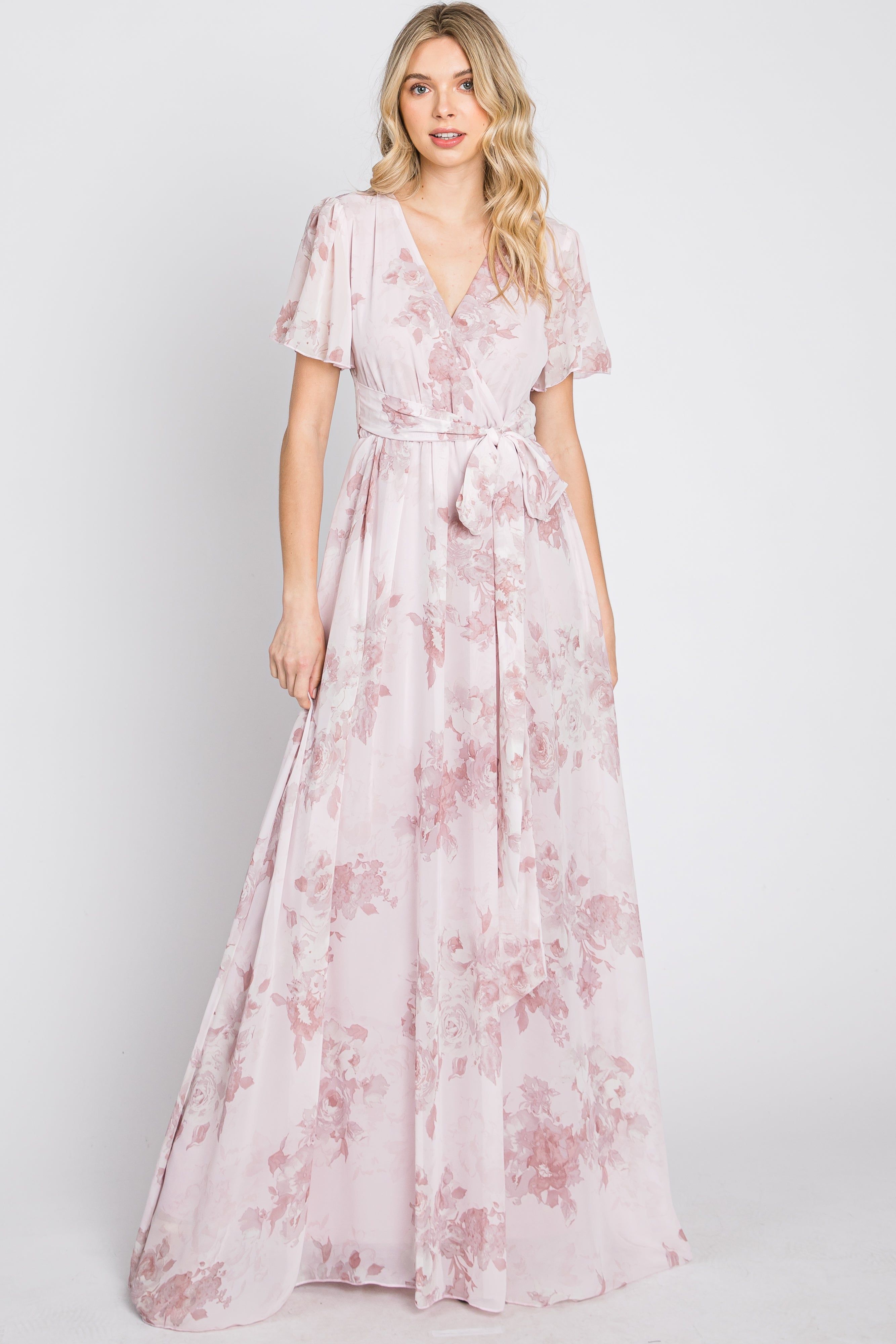 Light Pink Floral Chiffon Wrap Front Short Sleeve Maxi Dress sold by Pinkblush product image thumbnail 2