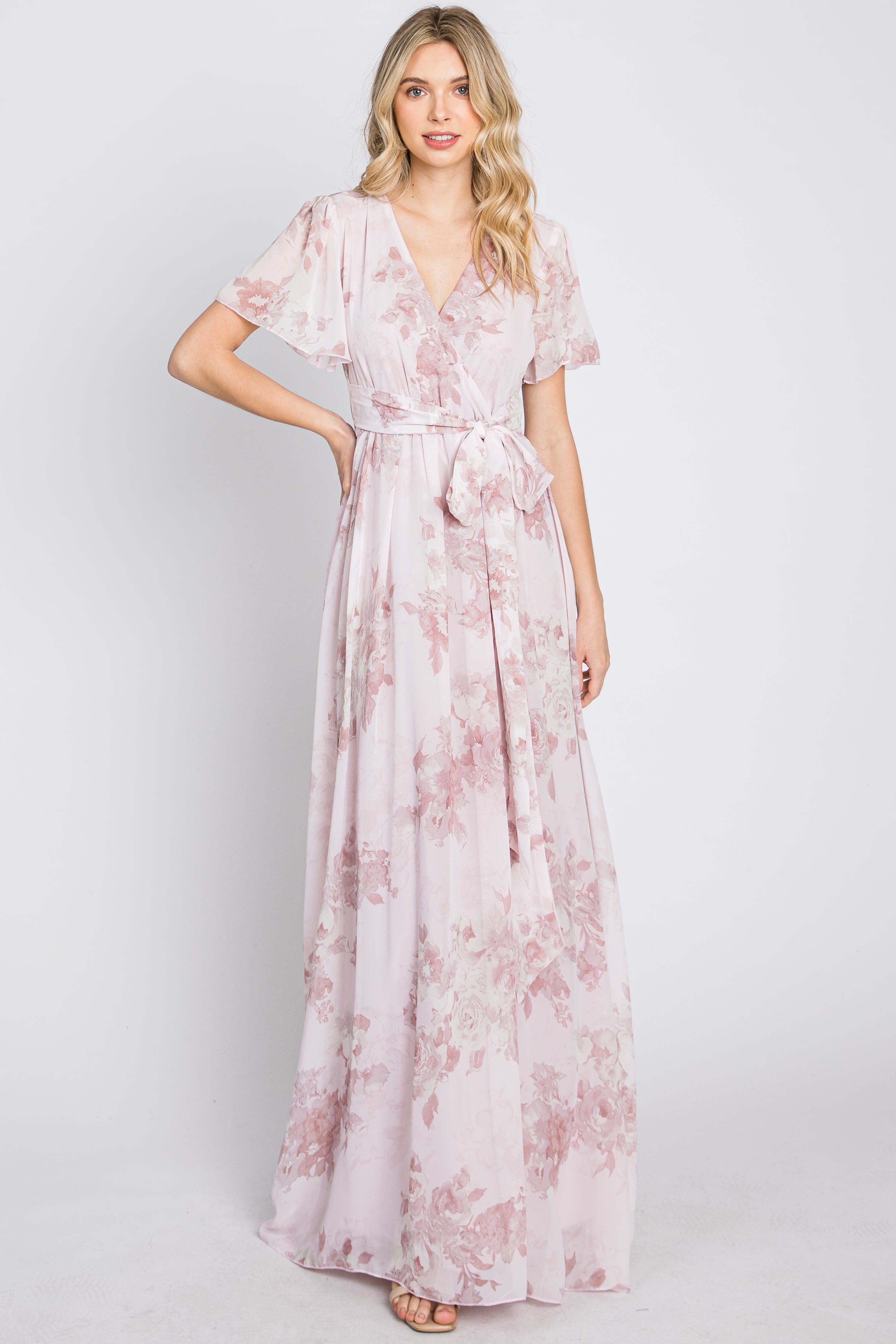 Light Pink Floral Chiffon Wrap Front Short Sleeve Maxi Dress sold by Pinkblush product image thumbnail 4