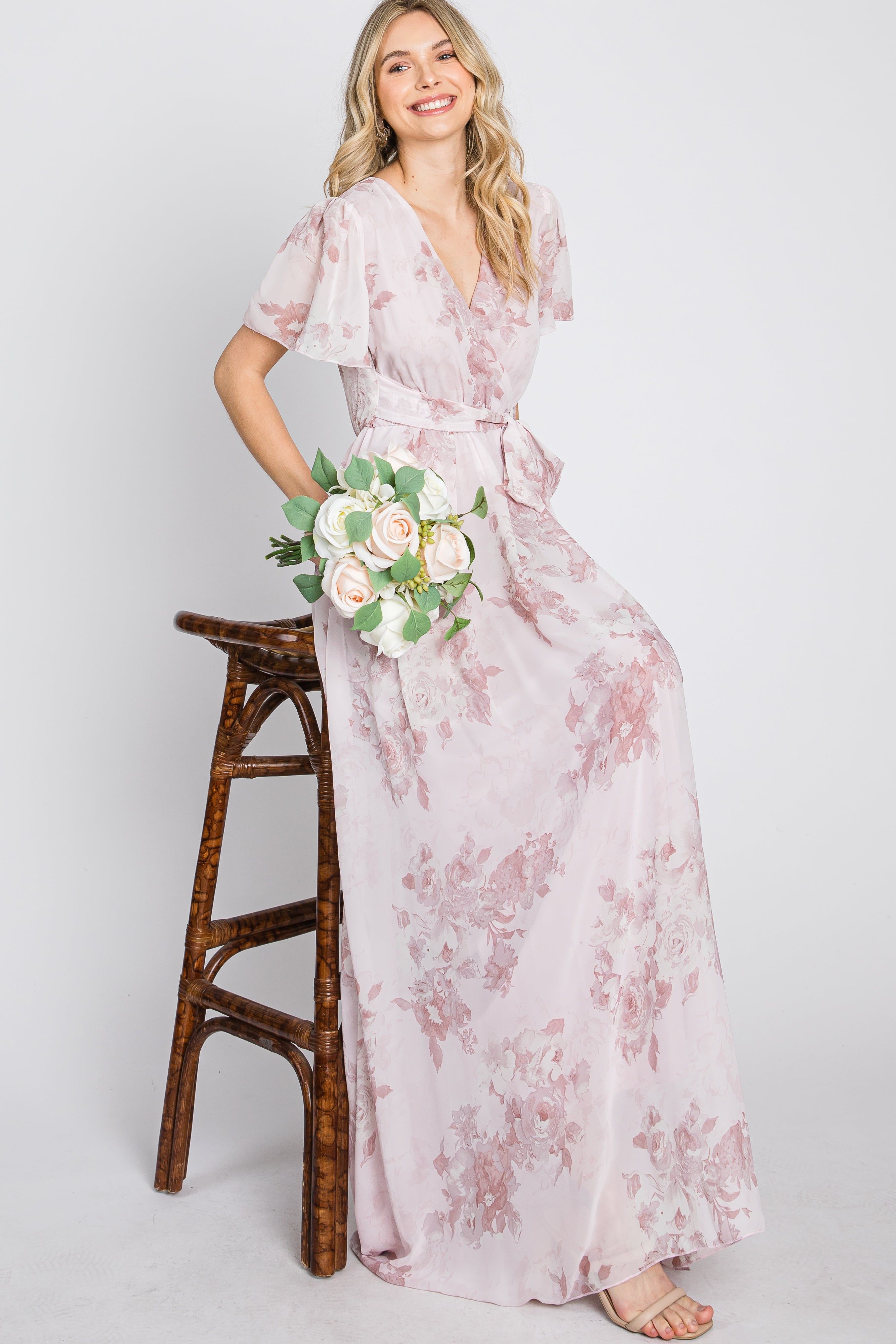 Light Pink Floral Chiffon Wrap Front Short Sleeve Maxi Dress sold by Pinkblush