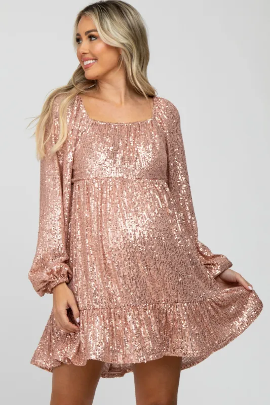 Pink Sequin Balloon Sleeve Maternity Dress sold by Pinkblush