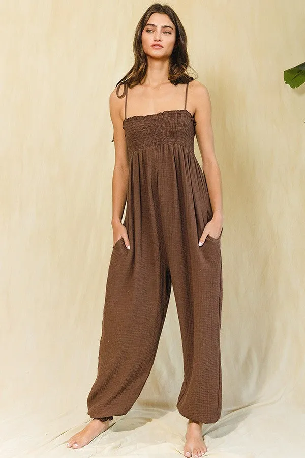 Brown Gauze Button Front Smocked Shoulder Tie Jumpsuit sold by Pinkblush