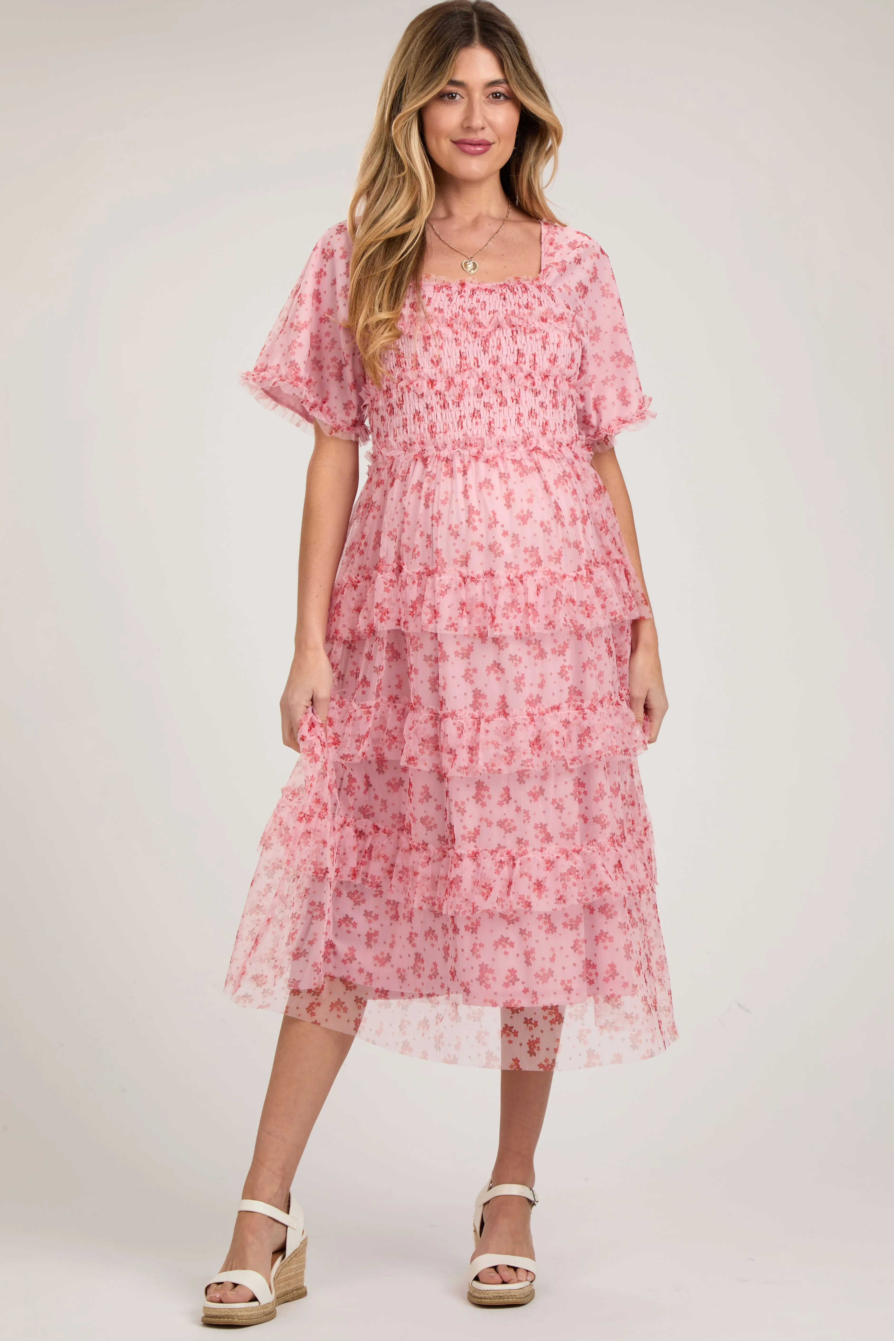 Pink Floral Tulle Smocked Ruffle Tiered Maternity Midi Dress sold by Pinkblush product image thumbnail 2