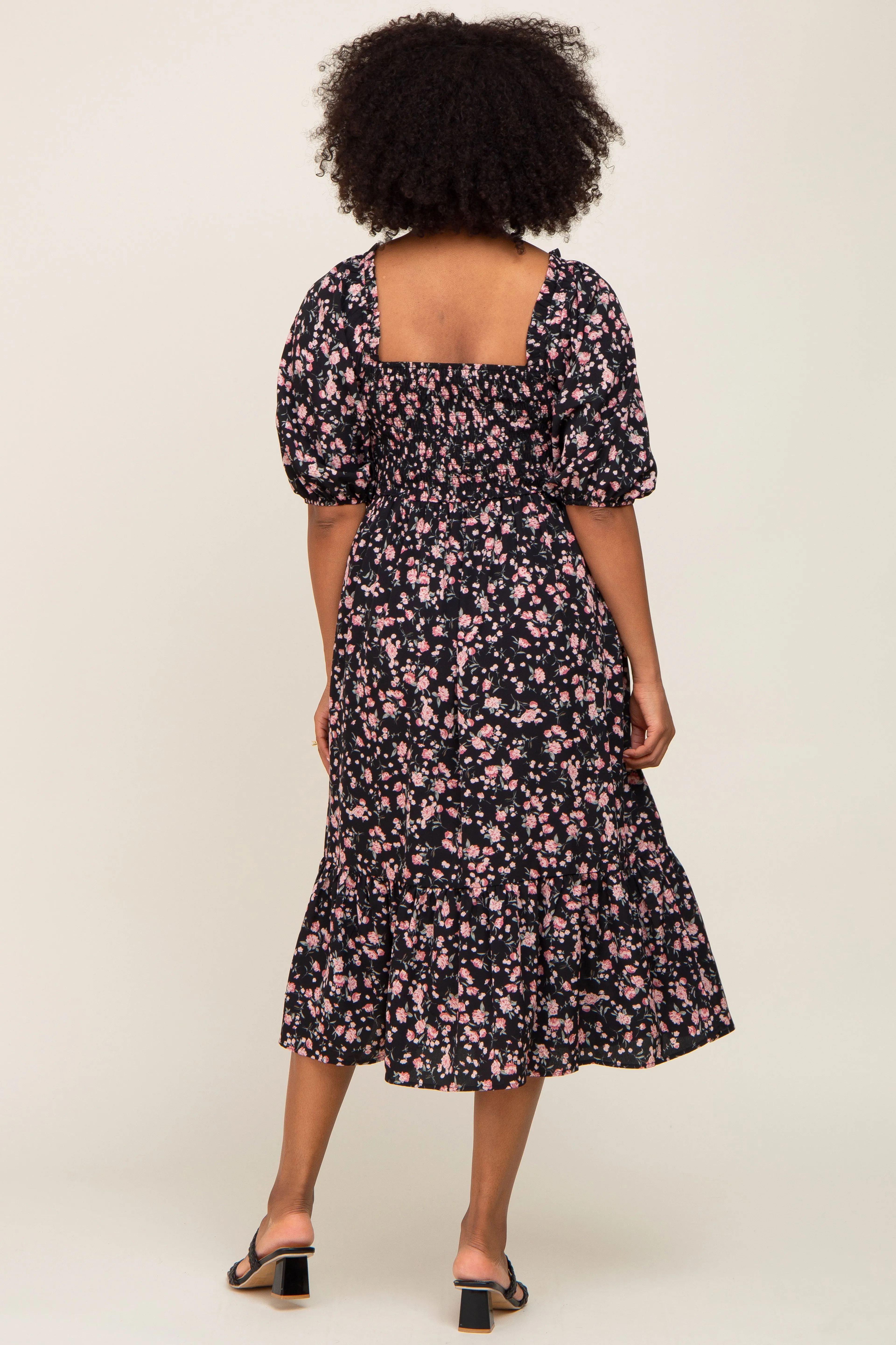 Black Floral Smocked Midi Dress sold by Pinkblush product image thumbnail 3