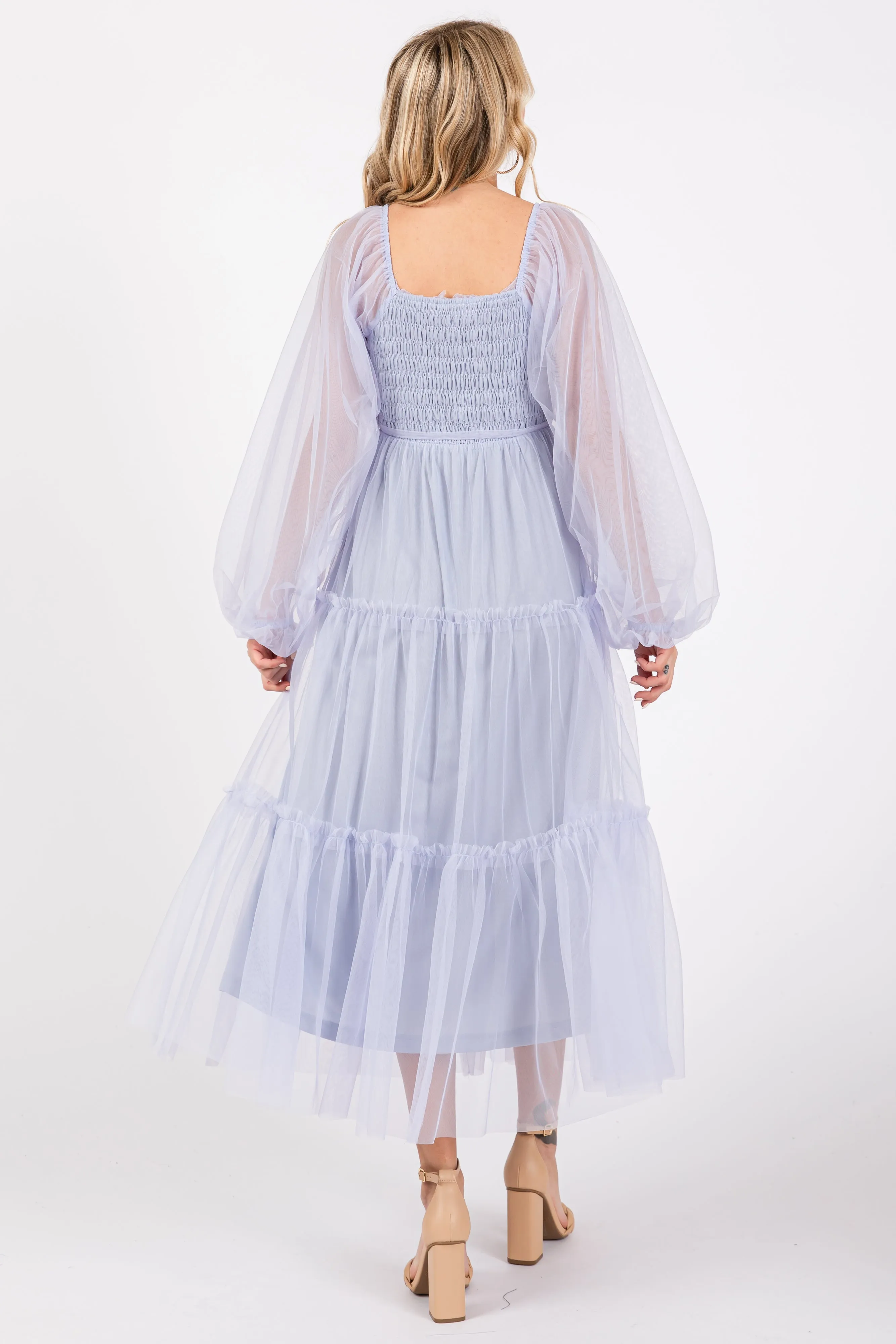 Light Blue Mesh Tiered Long Sleeve Maxi Dress sold by Pinkblush product image thumbnail 3
