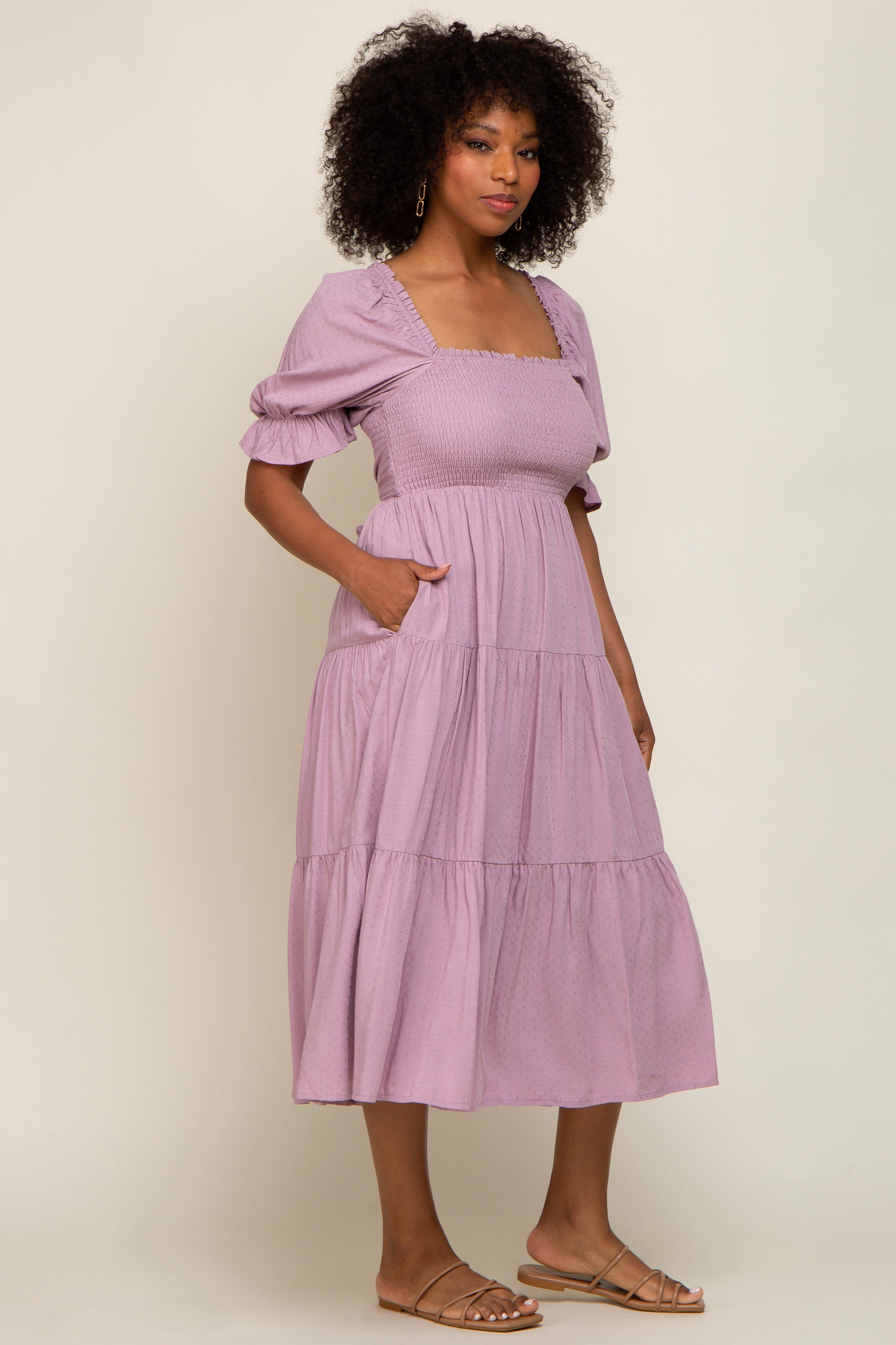 Mauve Swiss Dot Smocked Midi Dress sold by Pinkblush product image thumbnail 2