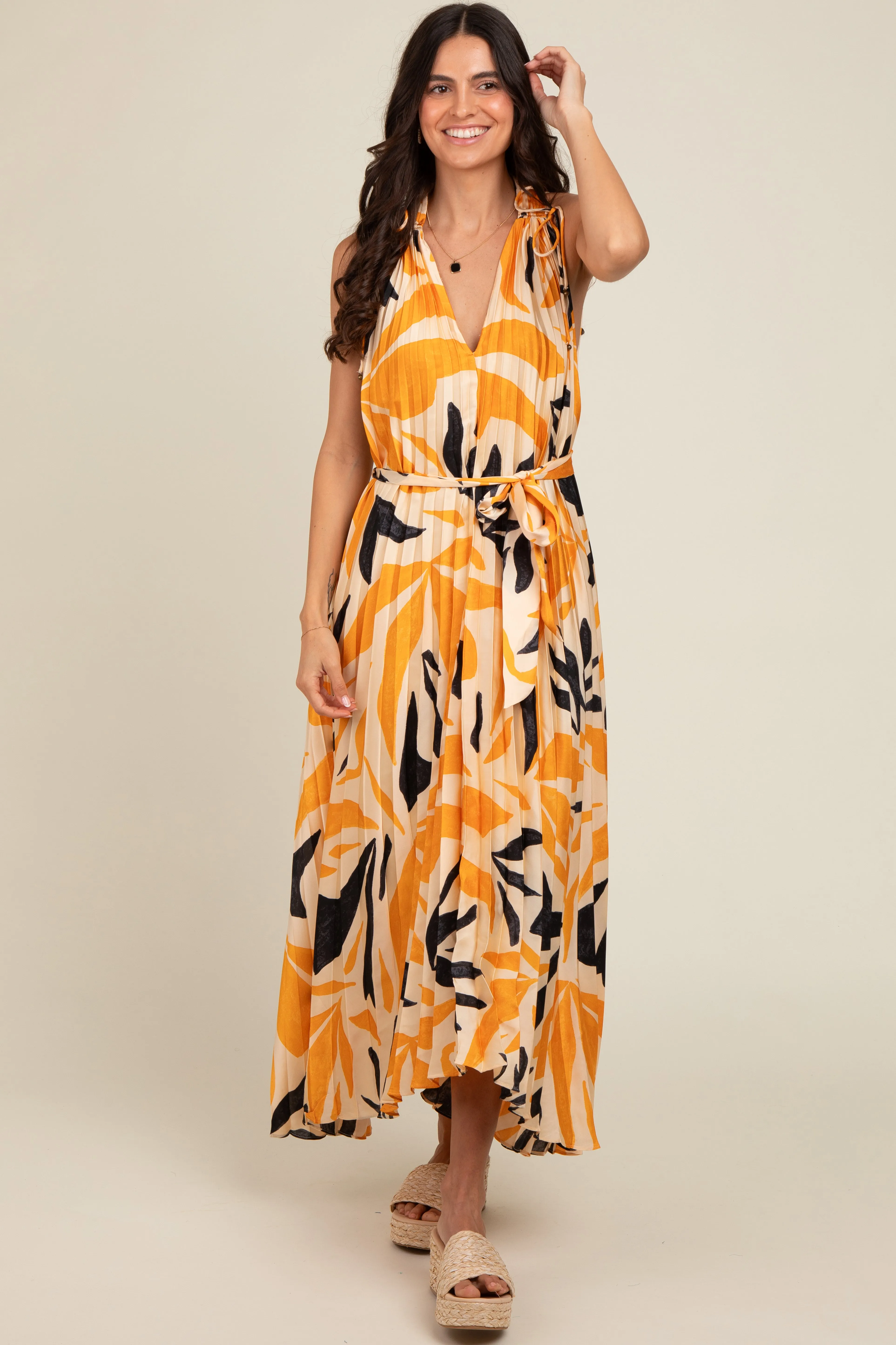 Cream Printed Pleated Maxi Dress sold by Pinkblush product image thumbnail 3