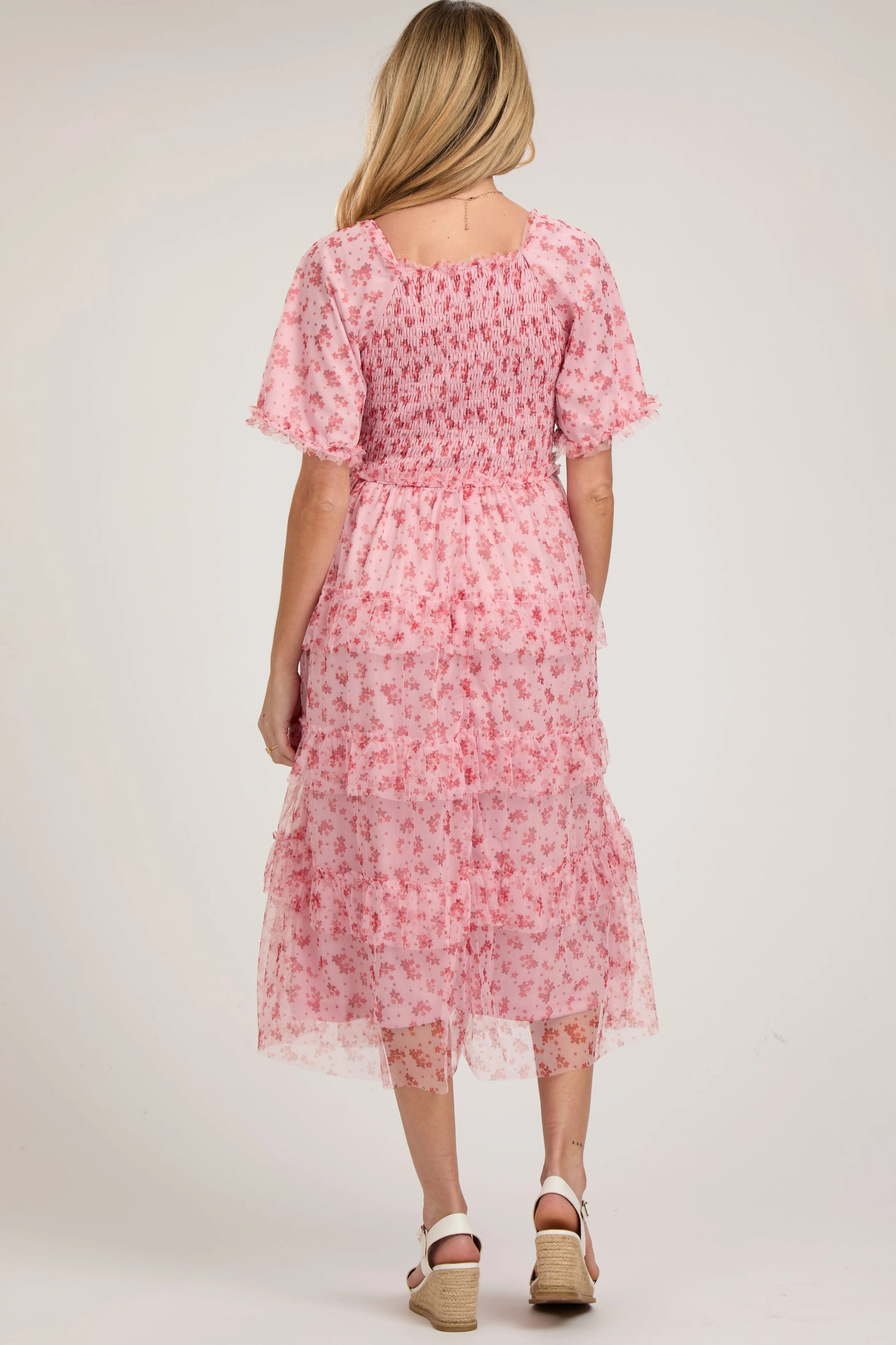 Pink Floral Tulle Smocked Ruffle Tiered Maternity Midi Dress sold by Pinkblush product image thumbnail 3