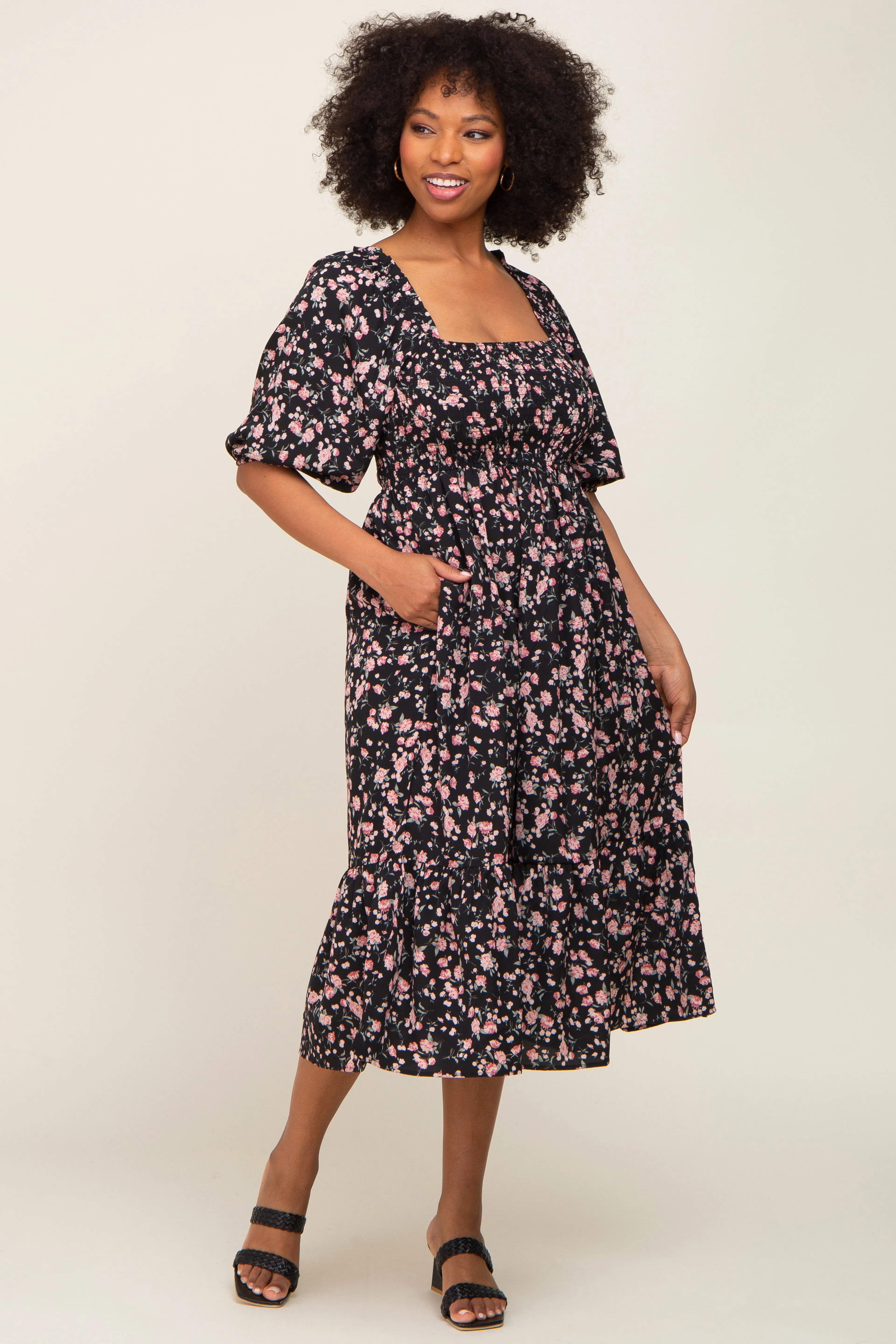 Black Floral Smocked Midi Dress sold by Pinkblush product image thumbnail 4