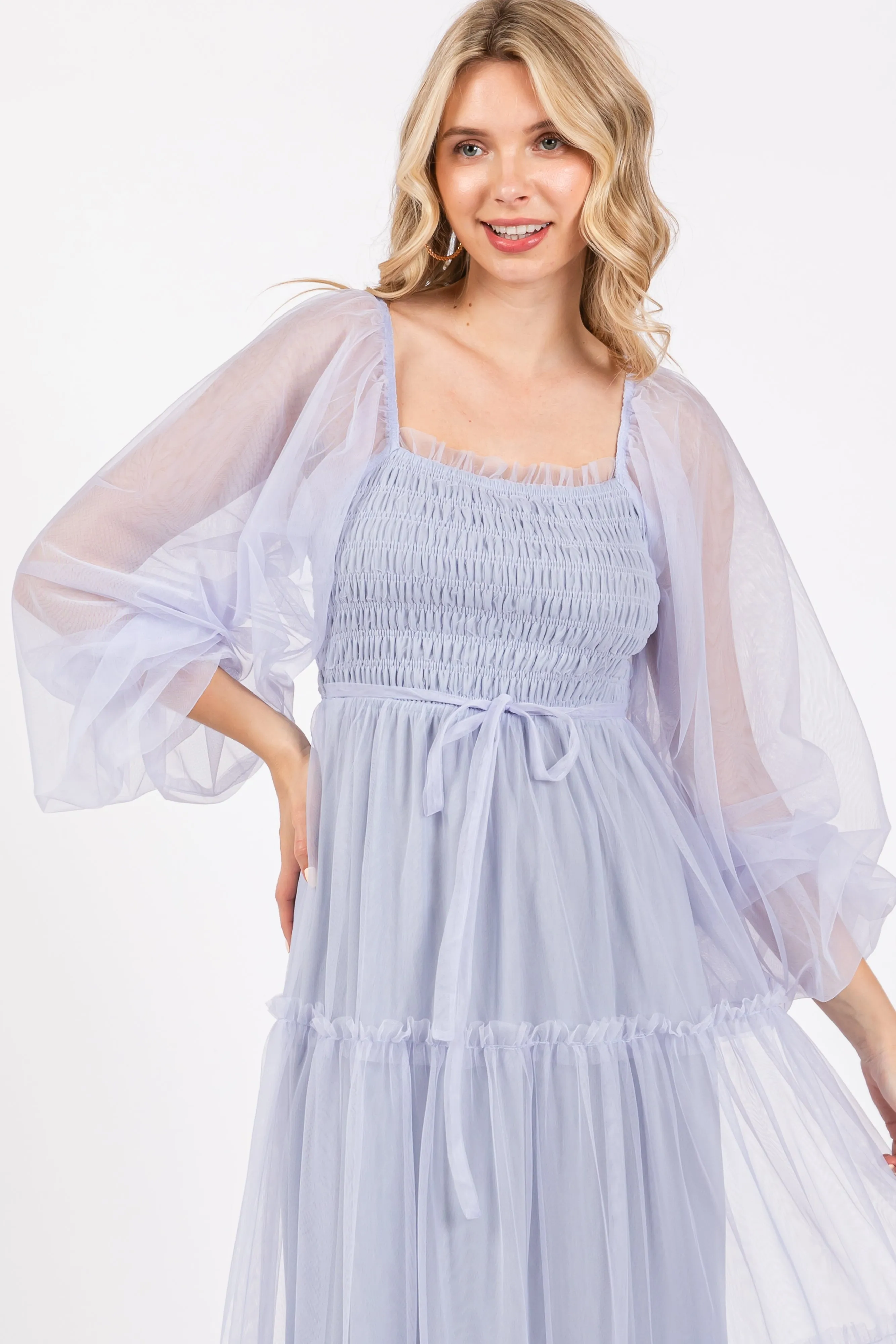 Light Blue Mesh Tiered Long Sleeve Maxi Dress sold by Pinkblush product image thumbnail 4