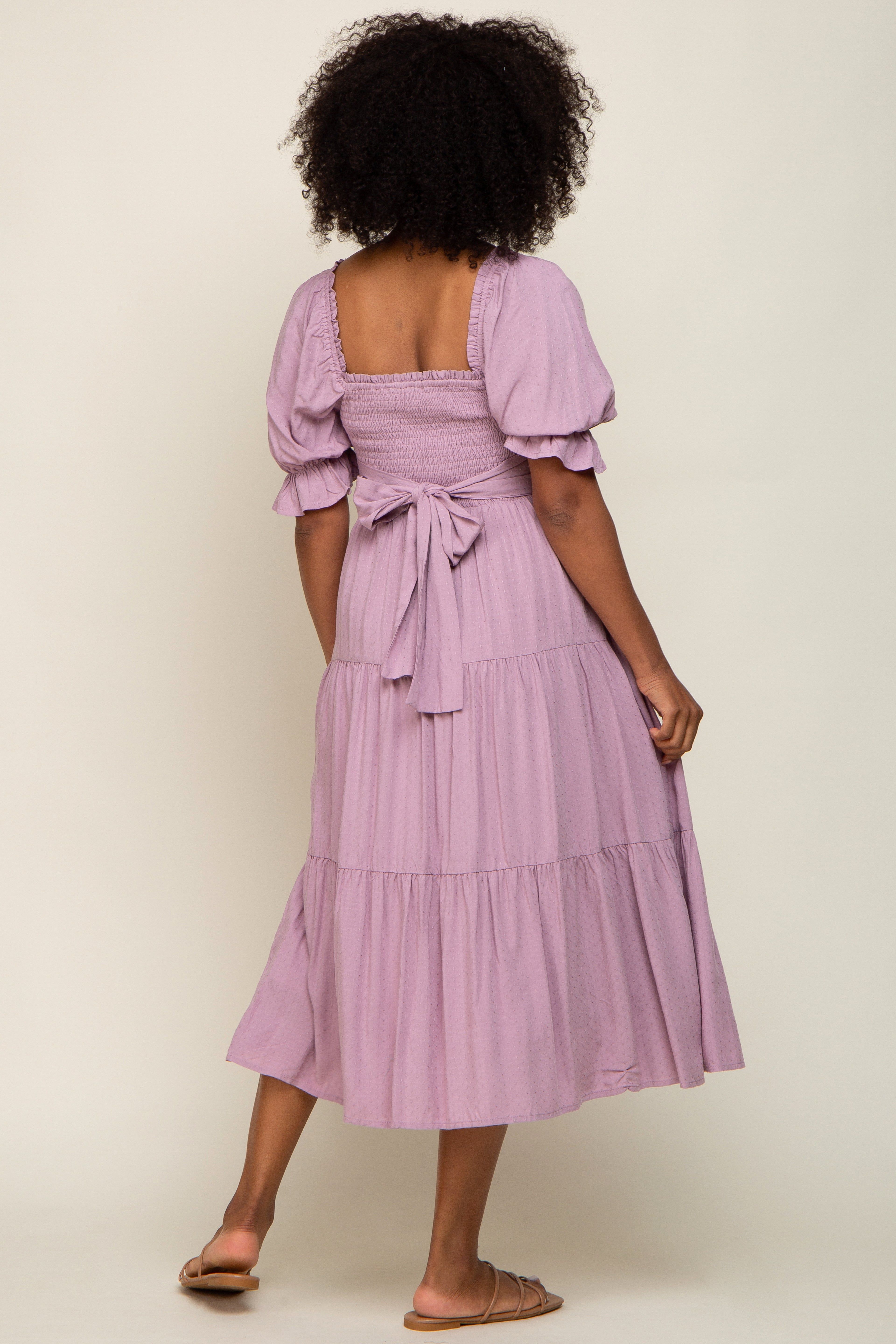 Mauve Swiss Dot Smocked Midi Dress sold by Pinkblush product image thumbnail 3