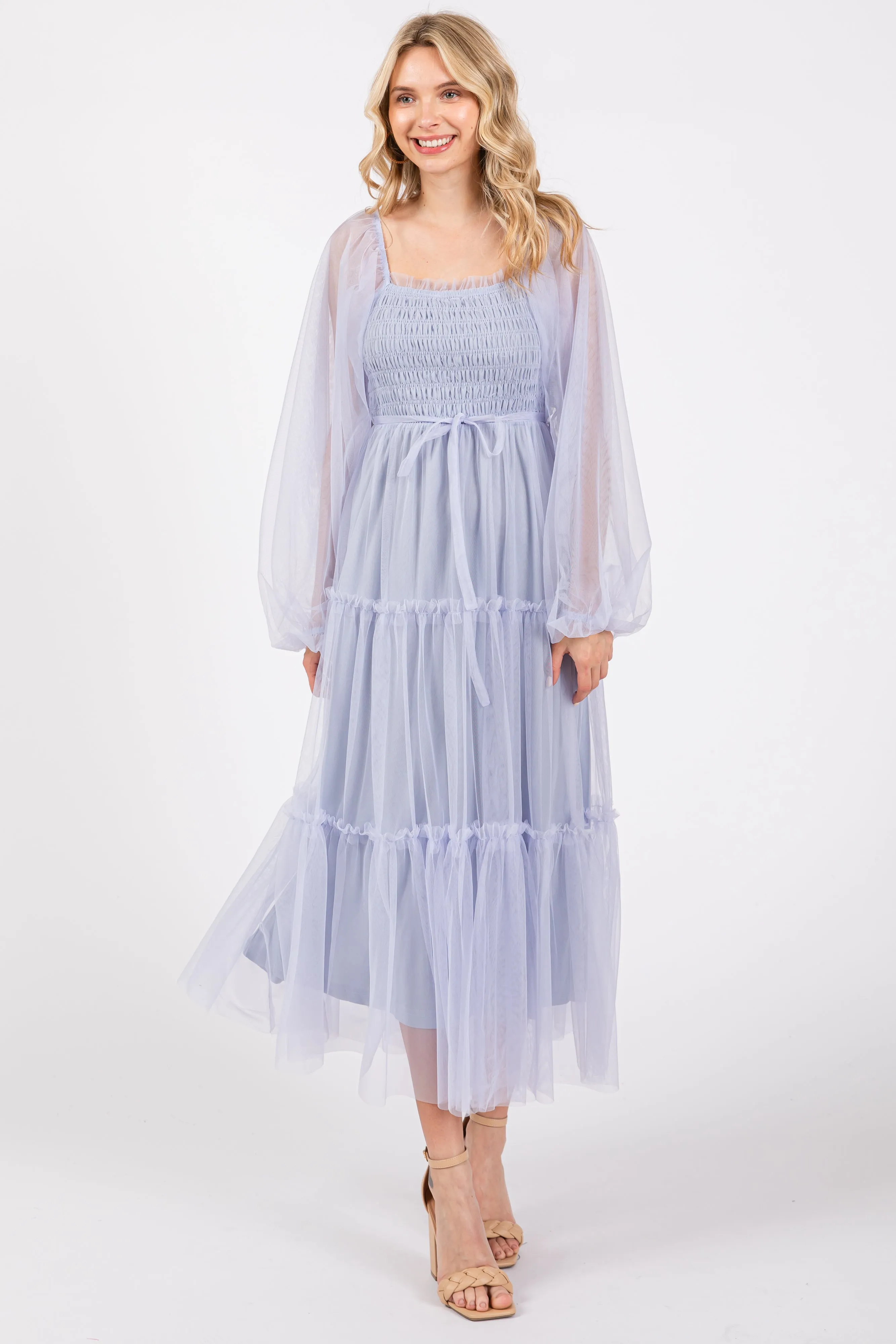 Light Blue Mesh Tiered Long Sleeve Maxi Dress sold by Pinkblush