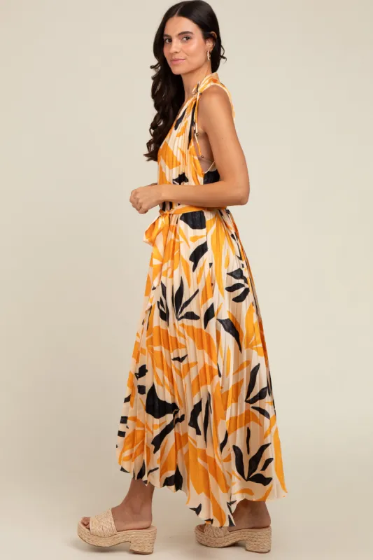 Cream Printed Pleated Maxi Dress sold by Pinkblush