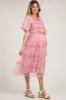 Pink Floral Tulle Smocked Ruffle Tiered Maternity Midi Dress sold by Pinkblush