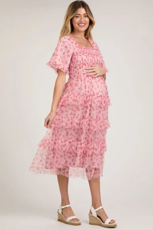 Pink Floral Tulle Smocked Ruffle Tiered Maternity Midi Dress sold by Pinkblush
