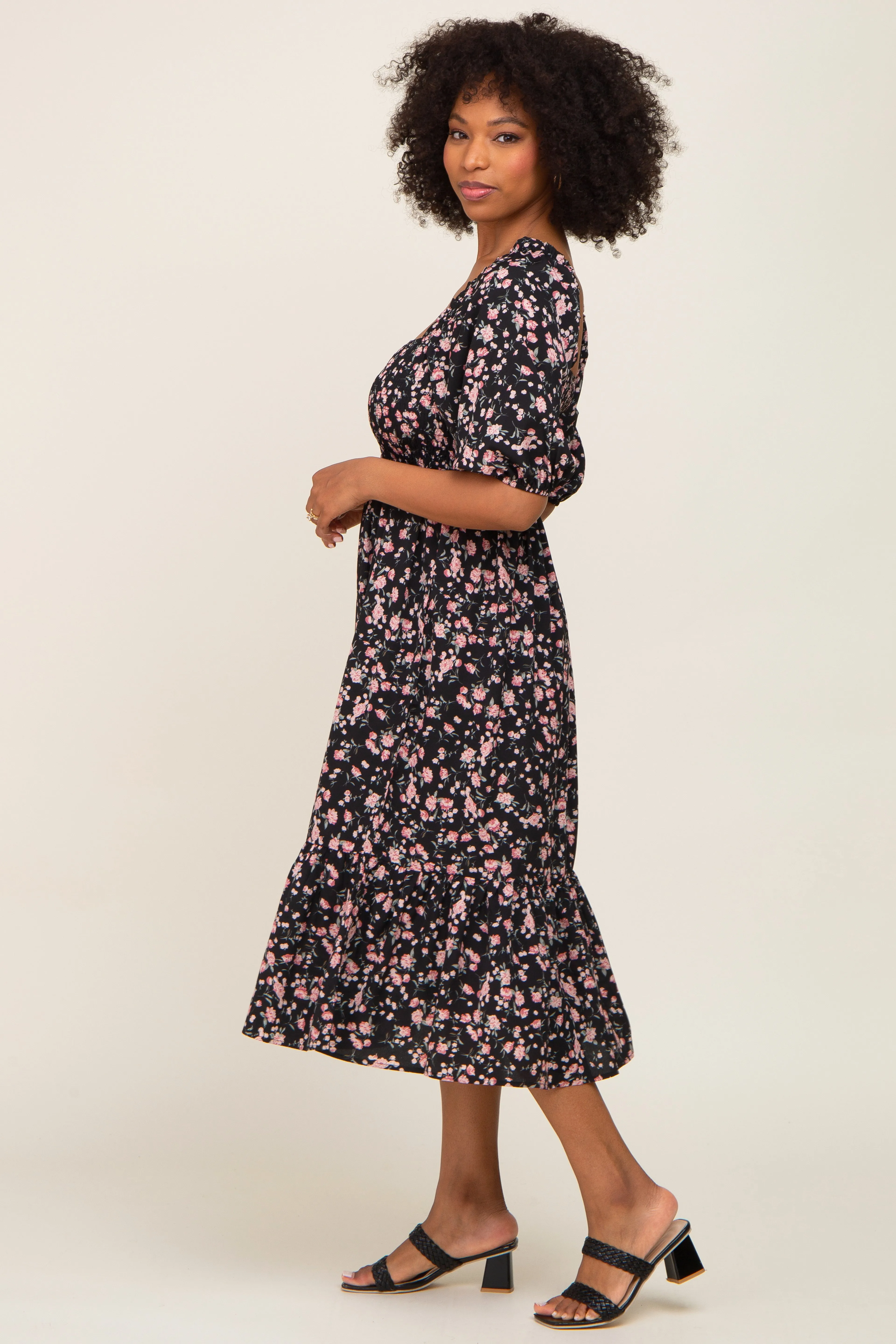 Black Floral Smocked Midi Dress sold by Pinkblush product image thumbnail 2