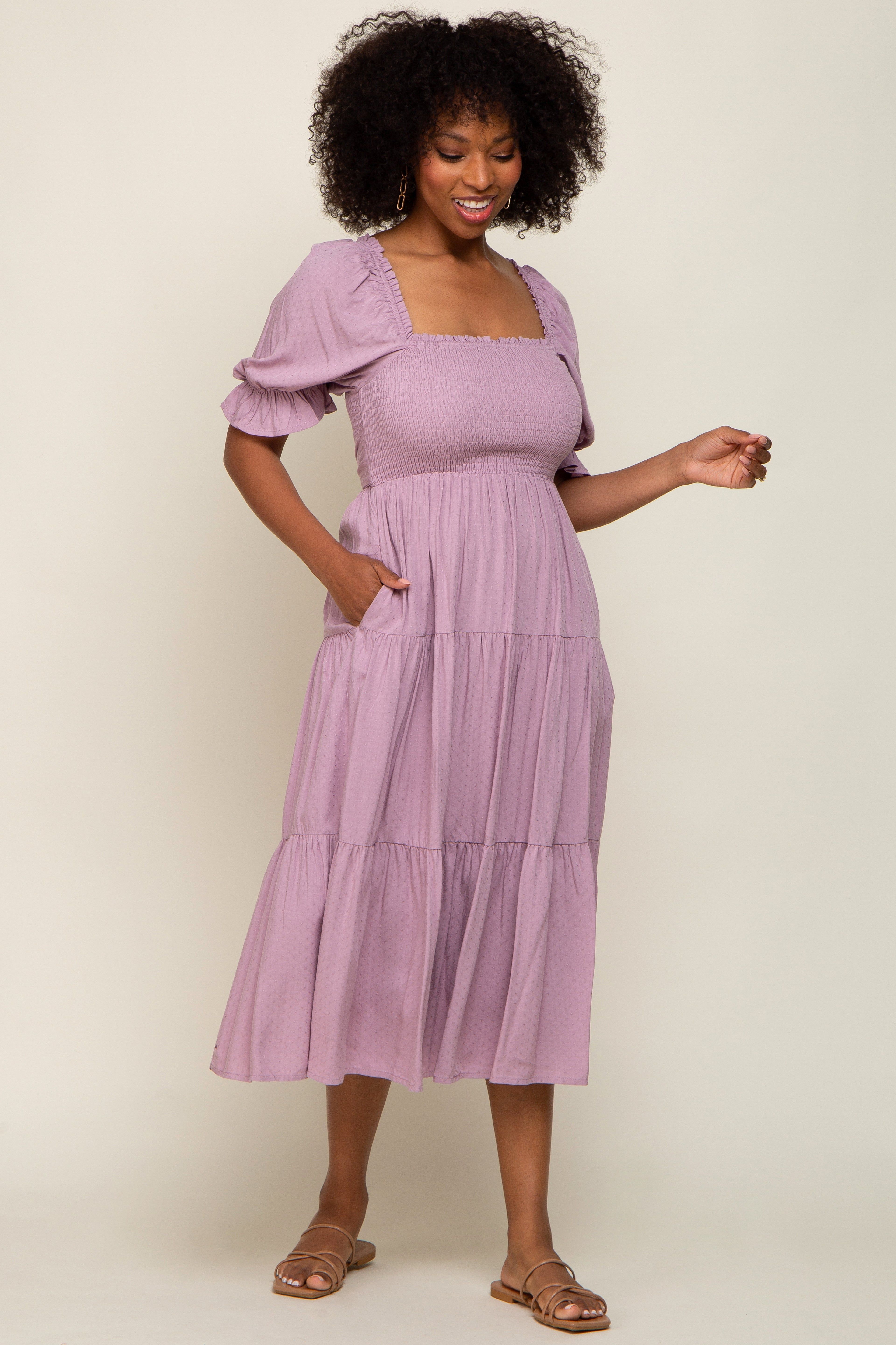 Mauve Swiss Dot Smocked Midi Dress sold by Pinkblush product image thumbnail 4