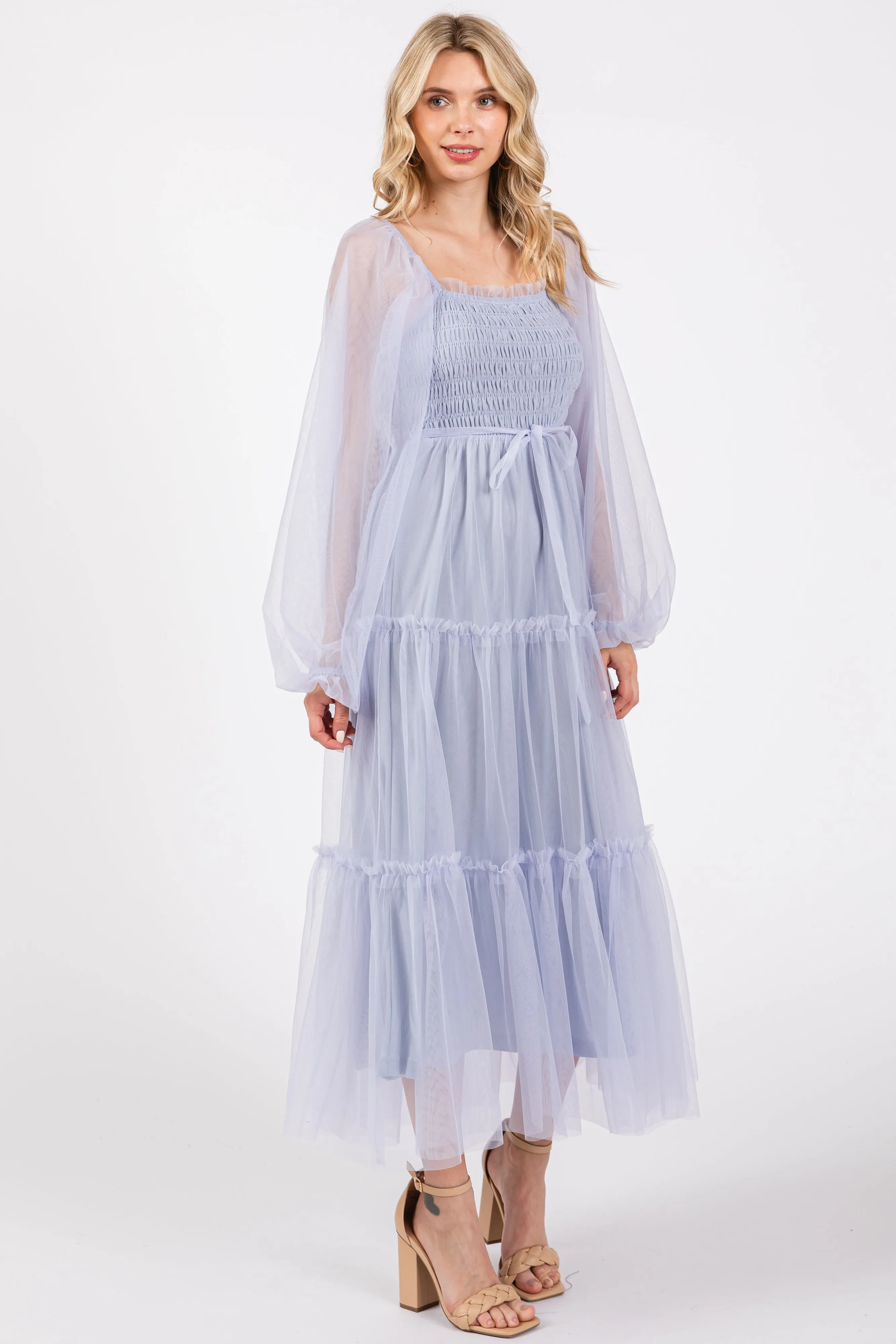 Light Blue Mesh Tiered Long Sleeve Maxi Dress sold by Pinkblush product image thumbnail 2