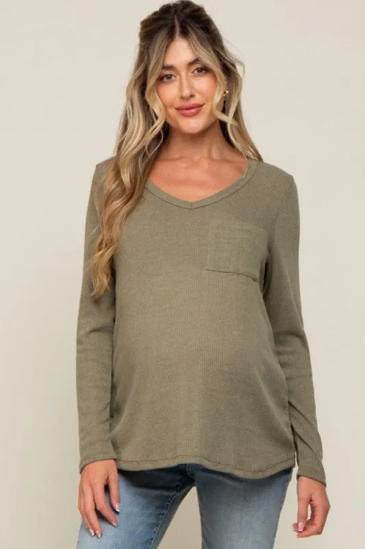 Olive Ribbed Knit Maternity Long Sleeve Top sold by Pinkblush
