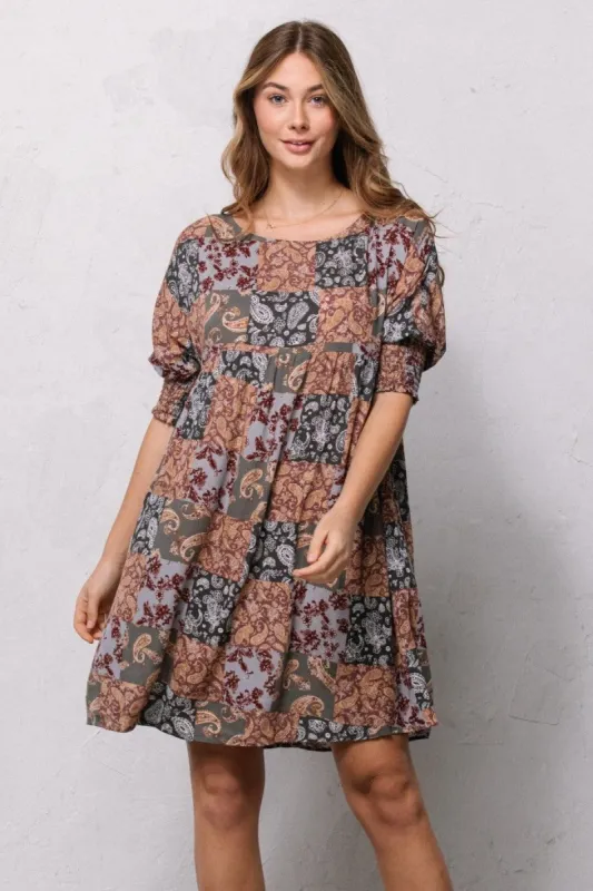 Charcoal Combo Patchwork Print Smocking Sleeve Mini Dress sold by Pinkblush