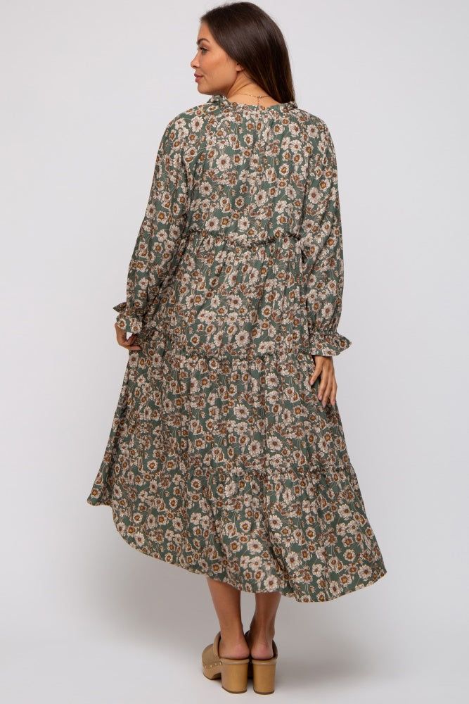 Olive Floral Ruffle Neck Tiered Maternity Midi Dress sold by Pinkblush product image thumbnail 3