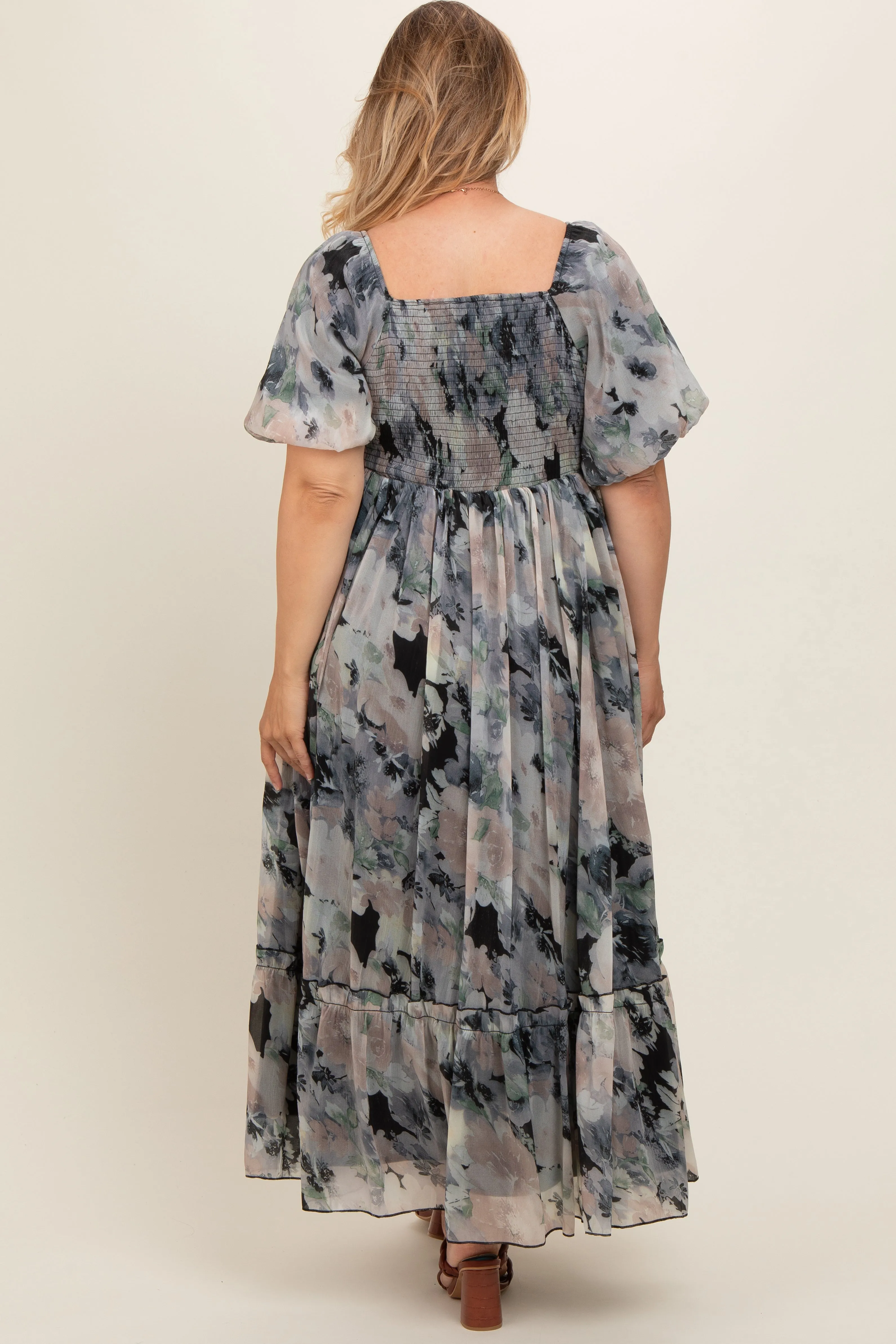 Black Floral Puff Sleeve Maternity Plus Maxi Dress sold by Pinkblush product image thumbnail 4