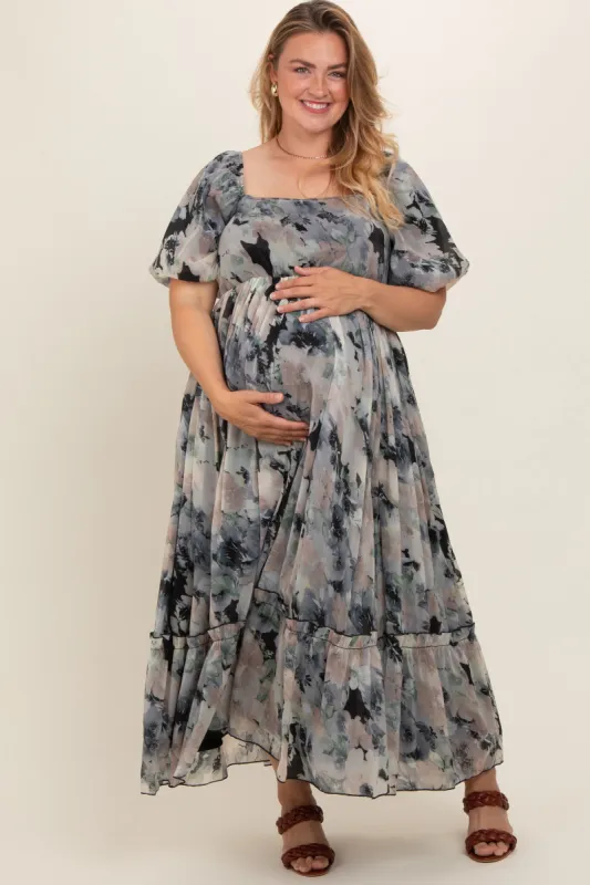 Black Floral Puff Sleeve Maternity Plus Maxi Dress sold by Pinkblush