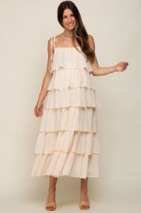 Cream Lace Shoulder Tie Ruffle Tiered Maternity Midi Dress sold by Pinkblush