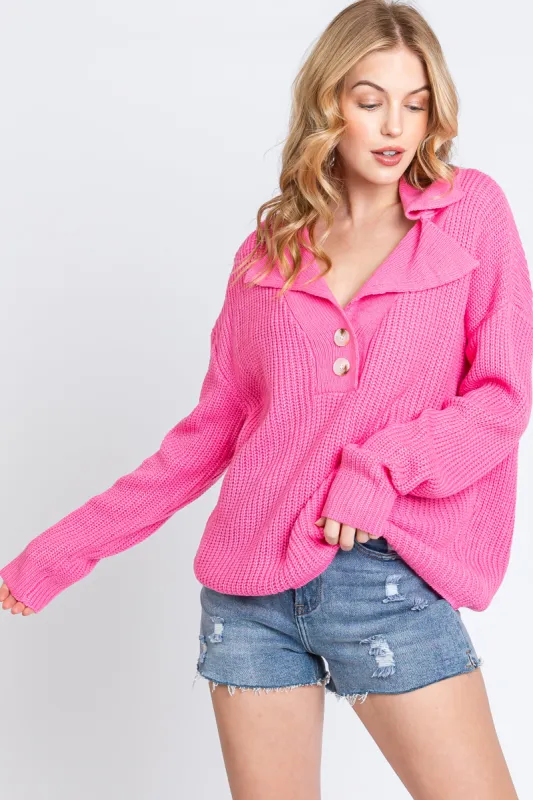 Pink Chunky Knit Front Button Sweater made by Pinkblush