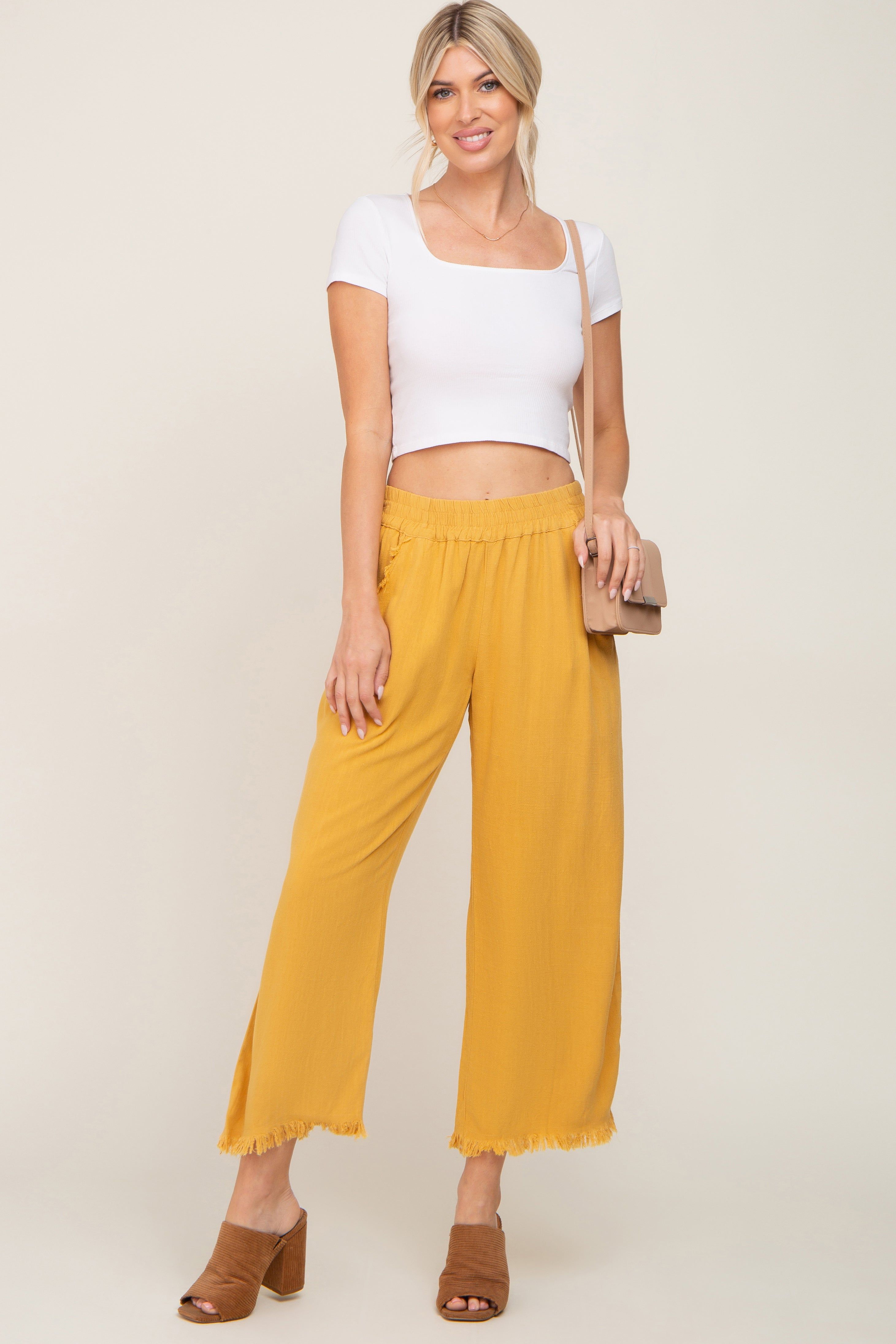 Gold Linen Frayed Hem Crop Pants sold by Pinkblush